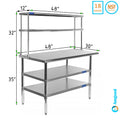 30" x 48" Stainless Steel Work Table With Two Shelves | 12" Wide Double Tier Overshelf | Metal Kitchen Prep Table & Shelving Combo