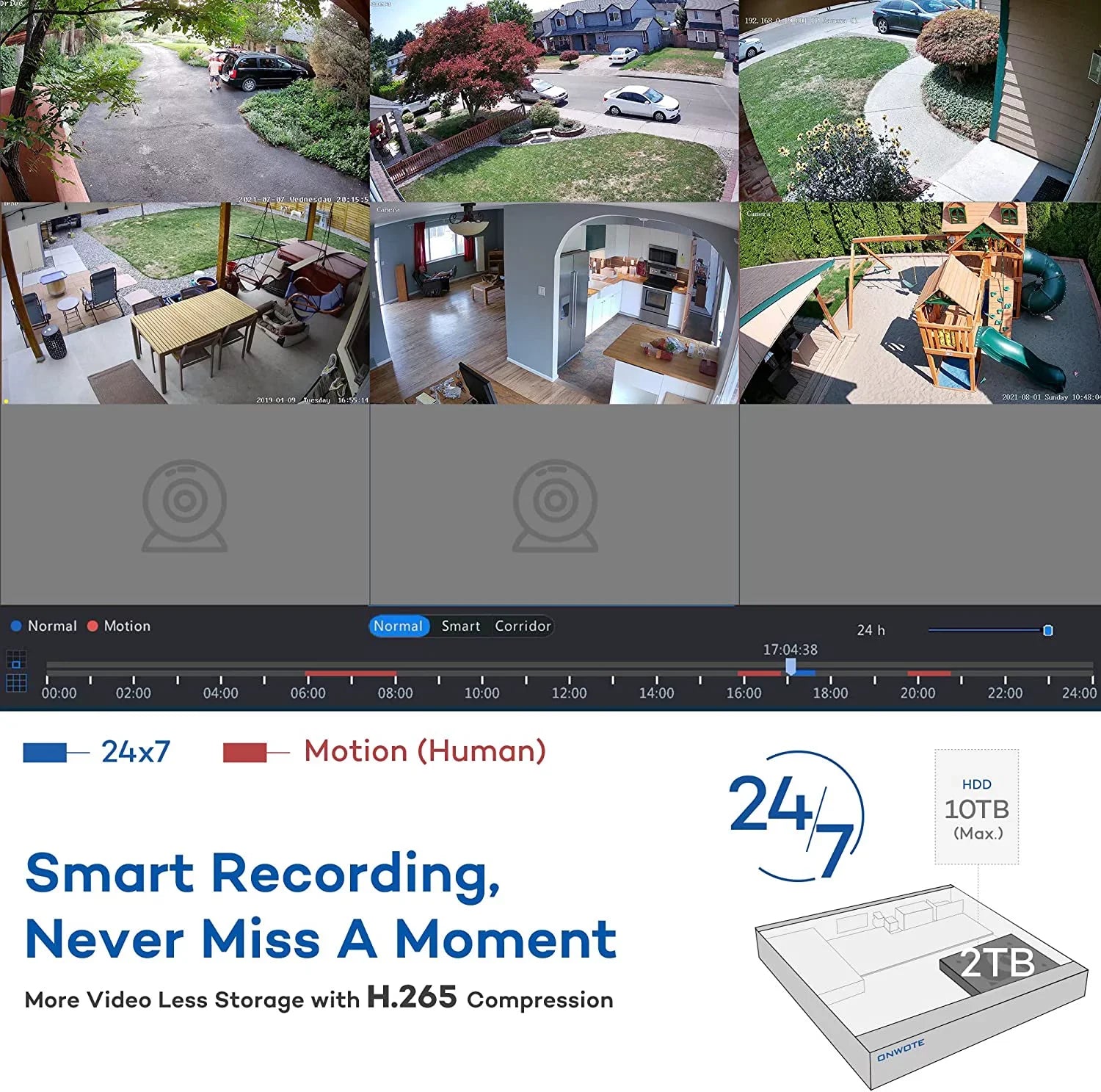 8 Channel 4K Security Camera System,  Human Detection, 8CH 4K 8MP   with 2TB  for 24/7 Recording, 6pcs 4K Wide Angle Outdoor Cameras Wired, 8 Channel Synchronous Playback