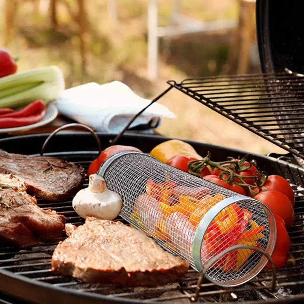 2PC Rolling Grilling Basket，Round Barbecue  Grilling Basket ，Portable Outdoor Camping  Rack for Fish, Shrimp, Vegetables, Barbeque Griller Cooking Accessories