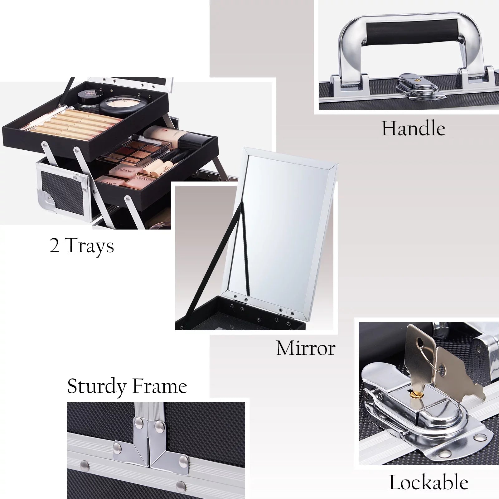 Joligrace Makeup Train Case Cosmetic Organizer Box with Mirror Lockable 2 Trays Makeup Storage Case