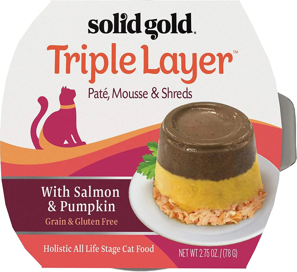 Solid Gold Grain Free Wet Cat Food Pate - Made with Real Salmon & Pumpkin - Triple Layers Canned Cat Food Mousse, Pate, and Shreds for Healthy Digestion, Weight Control, & Overall Immunity