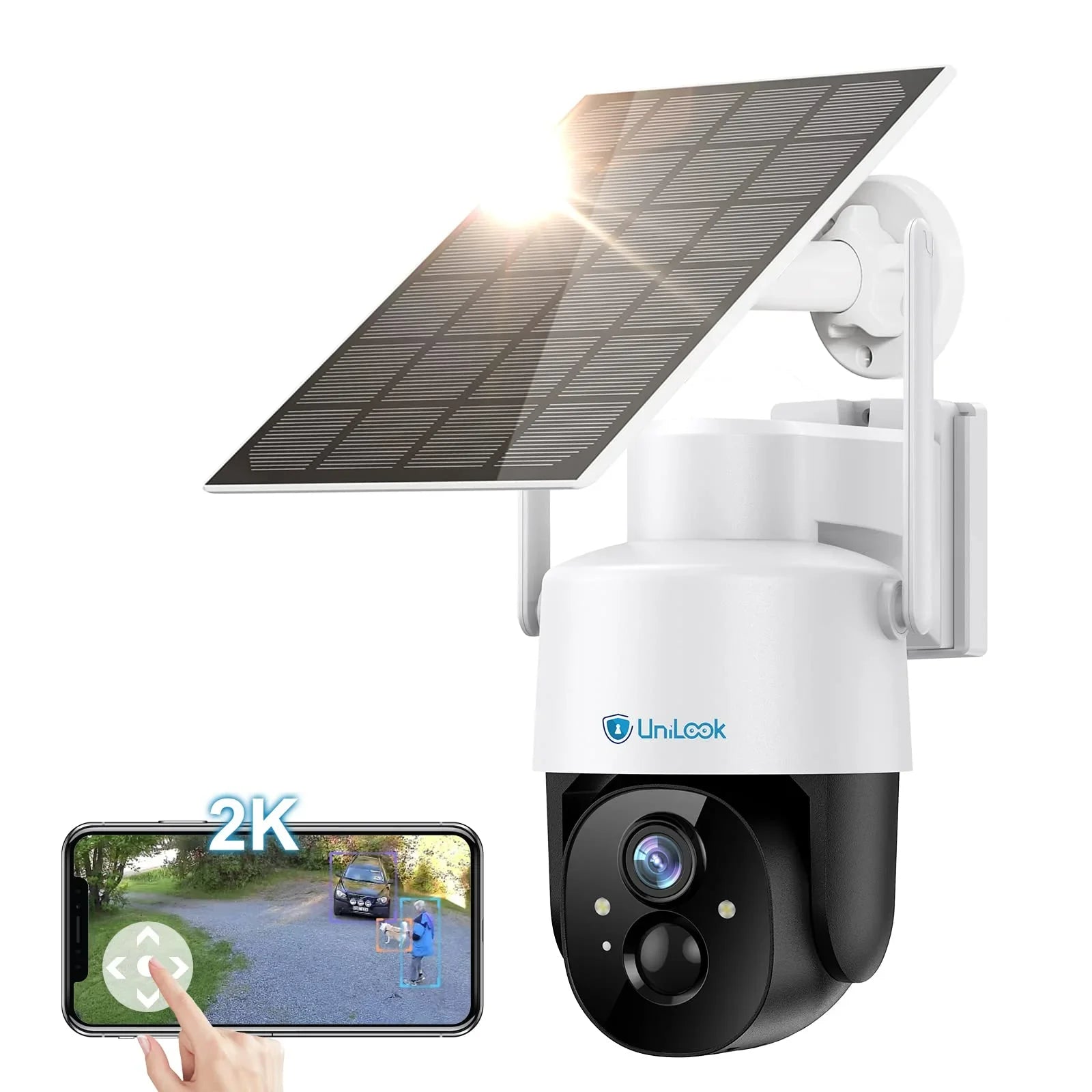 Unilook Solar Security Wifi Camera Outdoor, 2K Wireless Battery  Camera,  Waterproof Rechargeable Works with Alexa