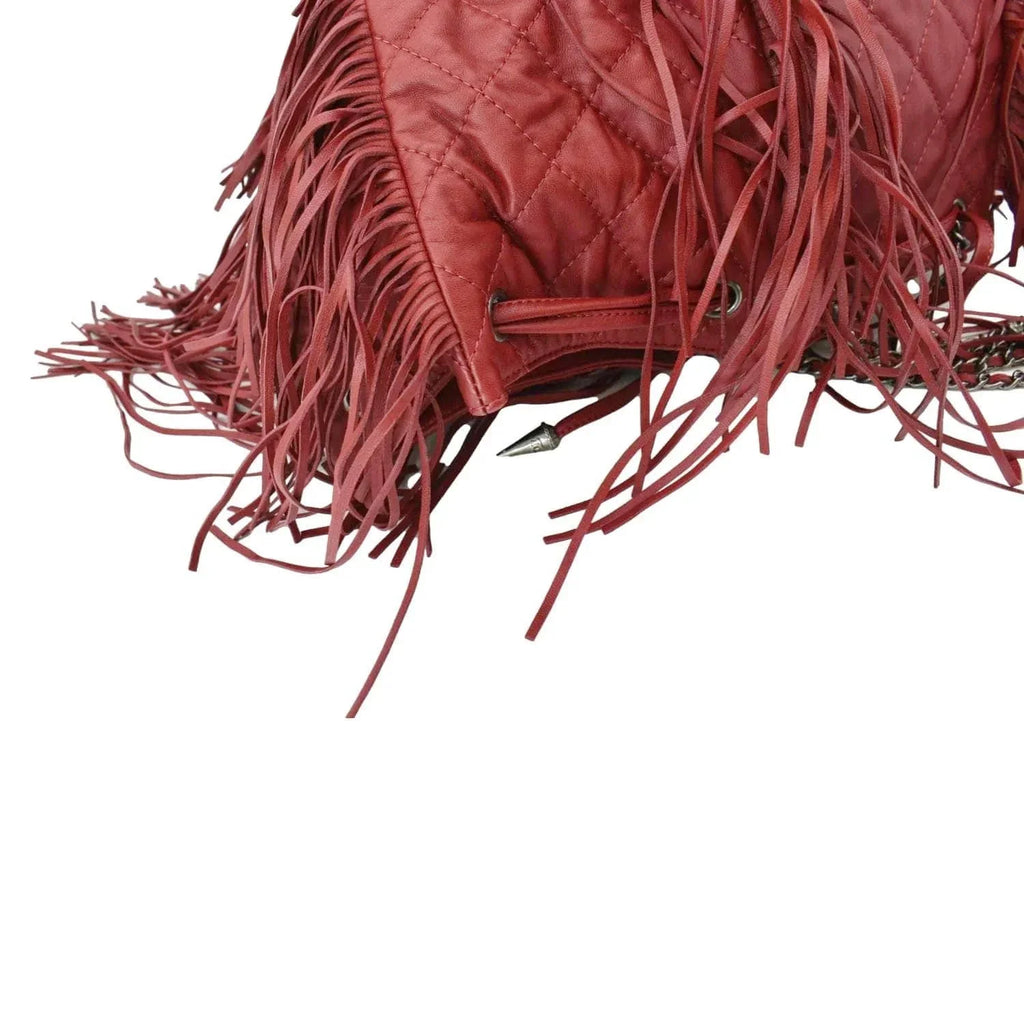 Pre-Loved  Paris Dallas Drawstring Fringe Leather Shoulder Bag Red