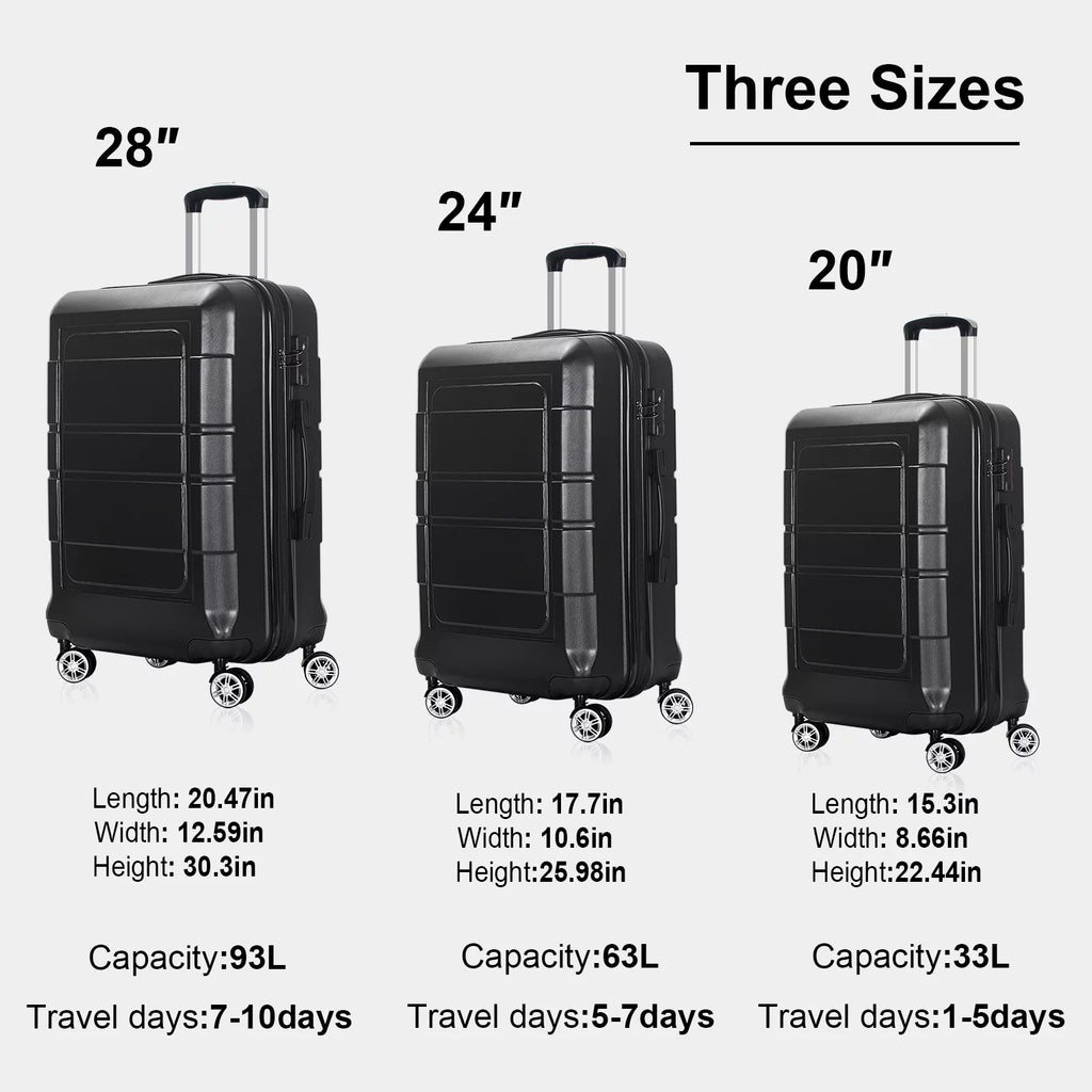 3 Pcs Hardside Luggage Set, with  Lock and 20"/24"/28" Luggage Bags, Black