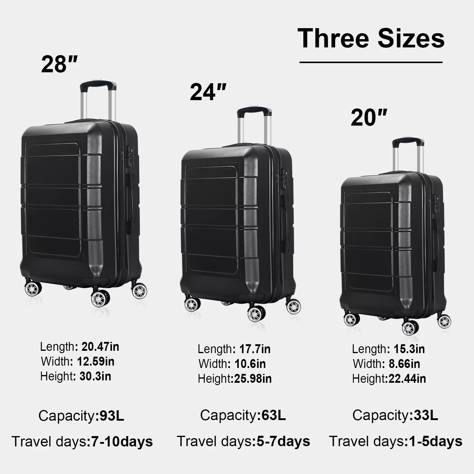 3 Pcs Hardside Luggage Set, with  Lock and 20"/24"/28" Luggage Bags, Black