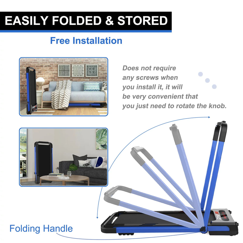 2 in 1 Under Desk Treadmill - 2.5  Folding Treadmill for Home, Installation-Free Foldable Treadmill Compact Electric Running Machine, Remote Control &  Display Walking Running Jogging, Blue