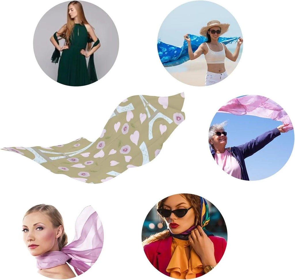 Hyjoy Eiffel Tower Hearts And Rose Long Silk Neck Scarf Lightweight Shawl Wrap Scarves for Women Girls