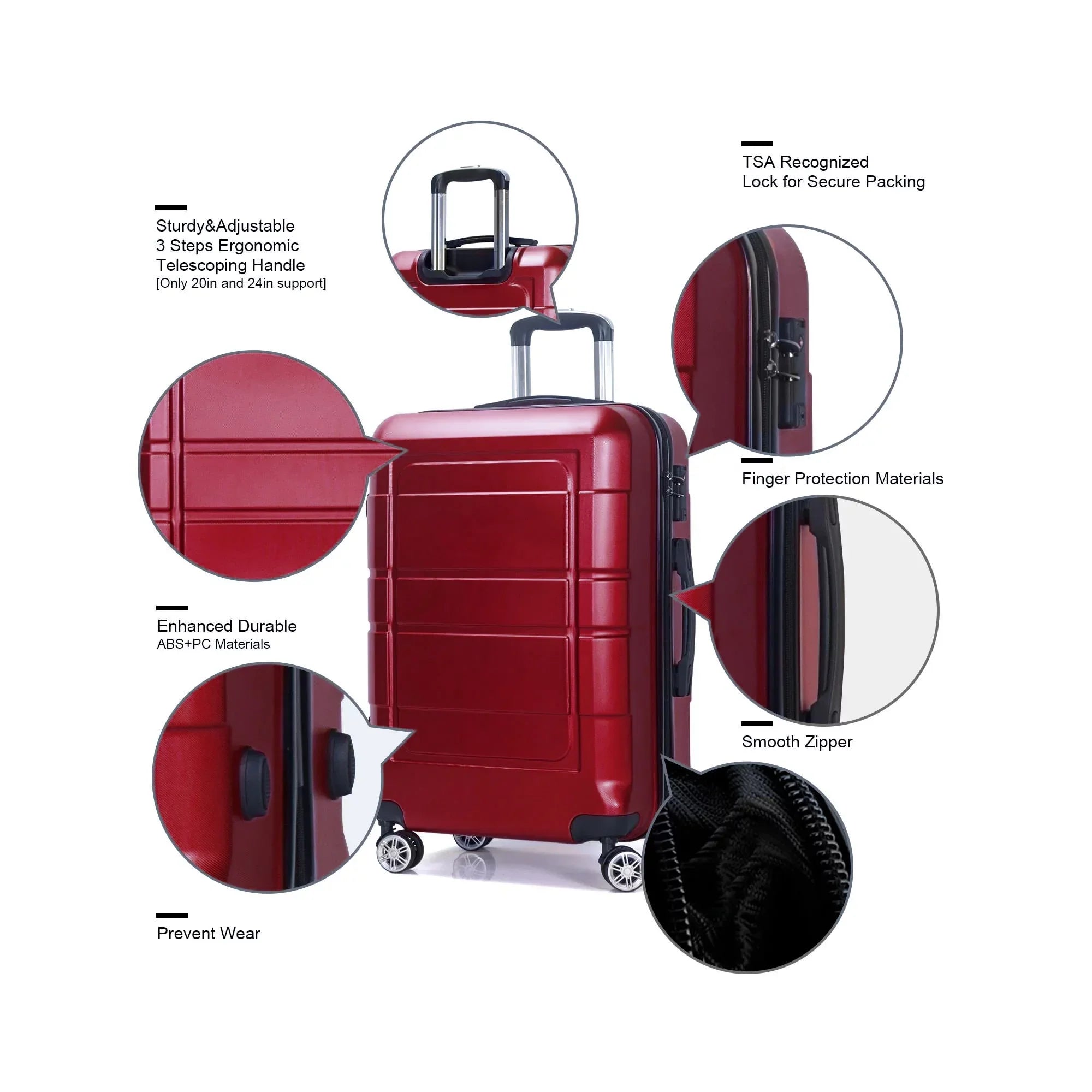 Traveling Luggage, 3pcs Hardside Luggage Set, 20"+24"+28" with  Lock, Red