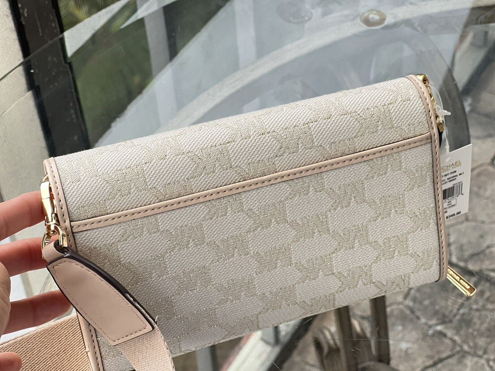 Michael Kors Jet Set  Zip Around Wallet Crossbody Bag  Gold Glitter Natural
