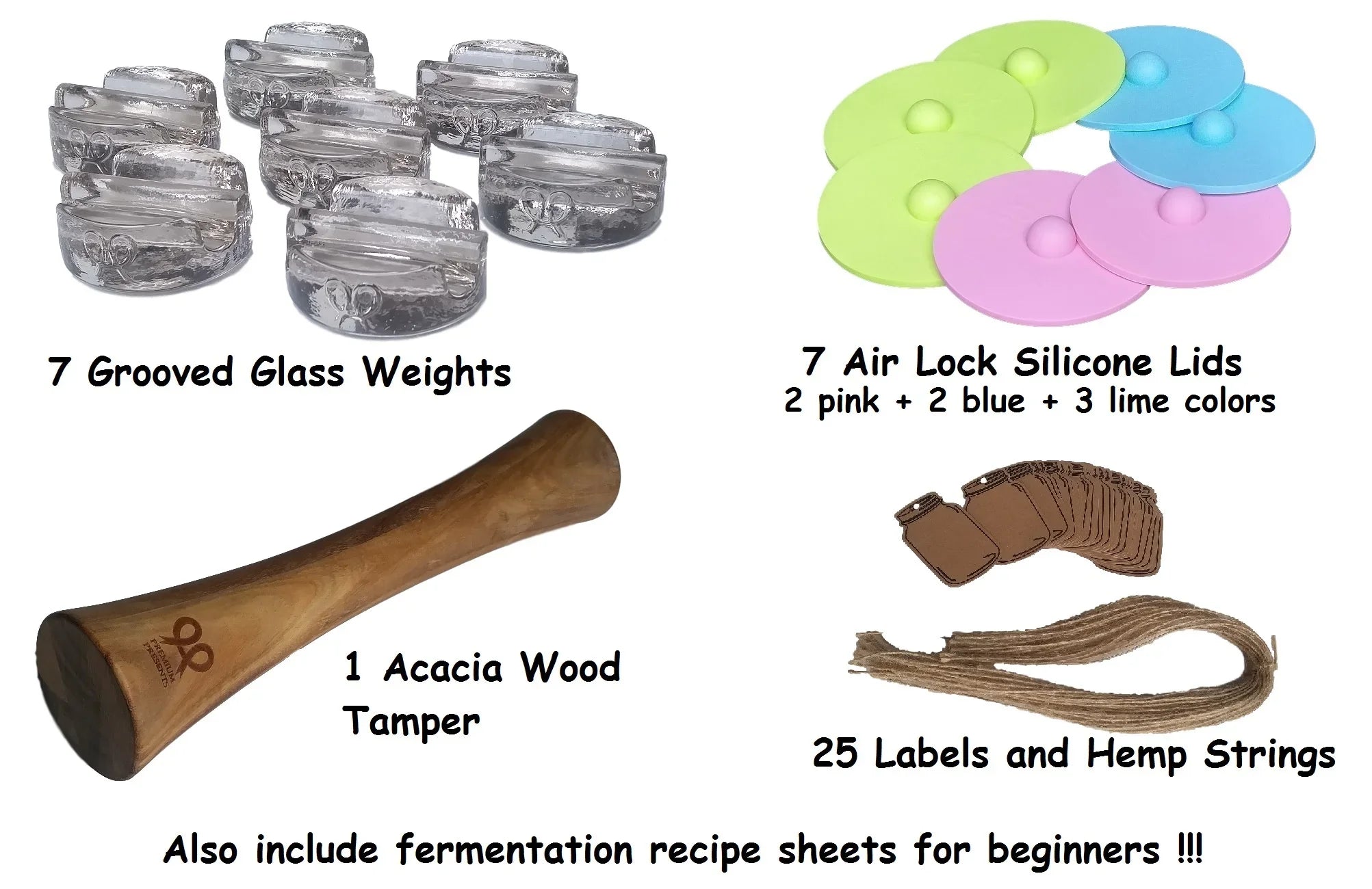Canning kit. Complete  fermentation kit for wide mouth mason jars or pickling jars for 7 sets for making pickles, sauerkraut, kimchi, etc  Glass weights, tamper, airlock lids, and recipe included.