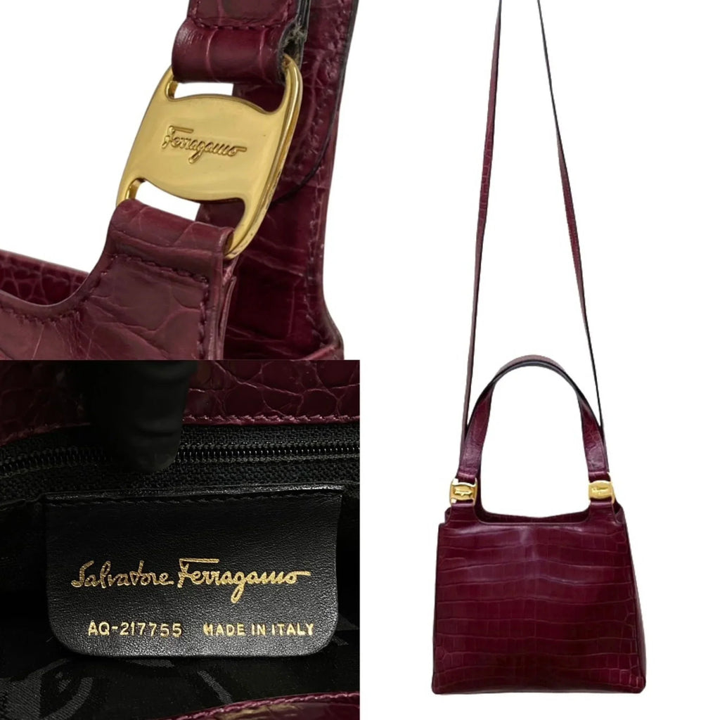 Pre-Owned Salvatore Ferragamo Logo Rose Hardware Leather 2way Handbag Shoulder Bag Wine Red (Good)