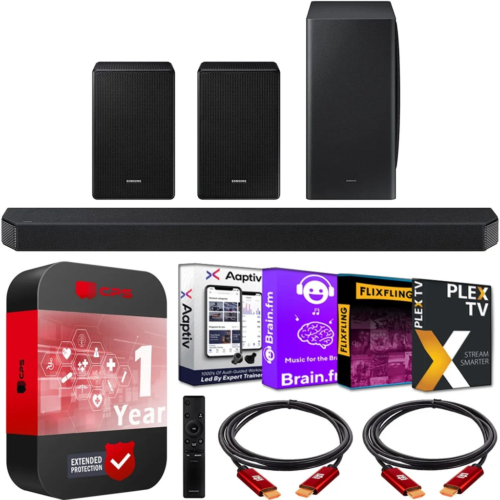 Samsung - 9.1.4ch Surround Sound Wireless Home Theater Bundle 7.1.2ch Dolby Atmos /: Soundbar + Swa-9500S 2.0.2ch Rear Speaker Kit + Subwoofer + Extended Coverage + 2 Deco Gear  Cables