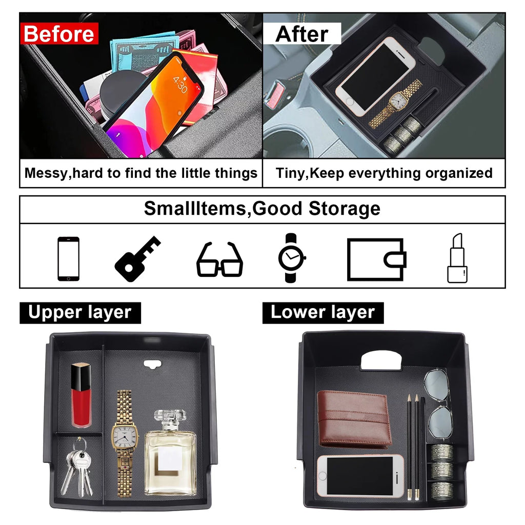 Center Console Organizer Tray,Car Central Control Storage Box Compatible with for Ford Bronco 2021 2022 2 Door 4 Door  Armrest Double Layer Storage Tray (2PCS)