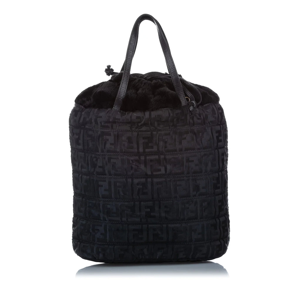 Pre-Owned Fendi Zucca Drawstring Tote Bag Nylon Fabric Black Satchel Women (Good)