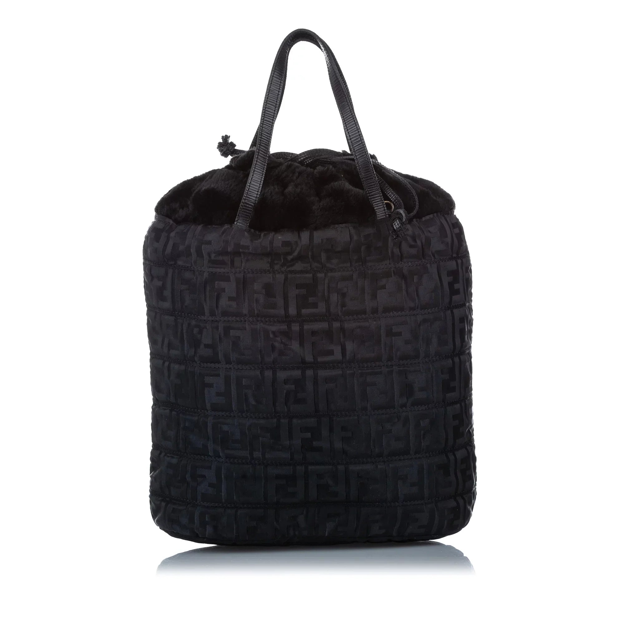 Pre-Owned Fendi Zucca Drawstring Tote Bag Nylon Fabric Black Satchel Women (Good)