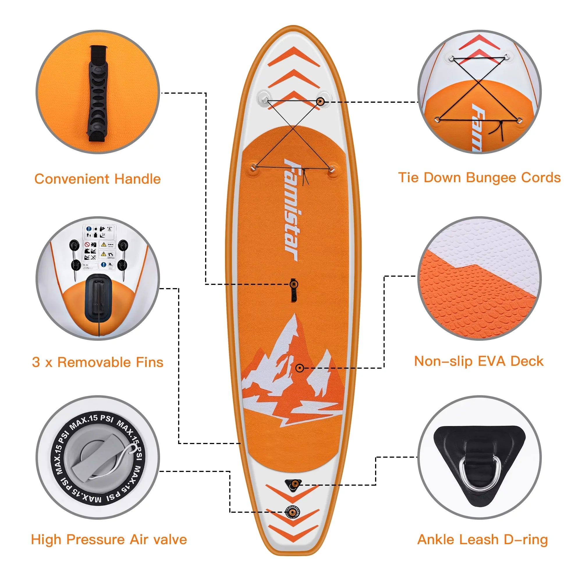 Famistar 10' Inflatable Stand Up Paddle Board (6"Thick) with / 3 Pins | Wide Stance, Bottom Fin for Paddling, Surf Control, Non-Slip Deck |Youth & Adult Standing Boat-Orange
