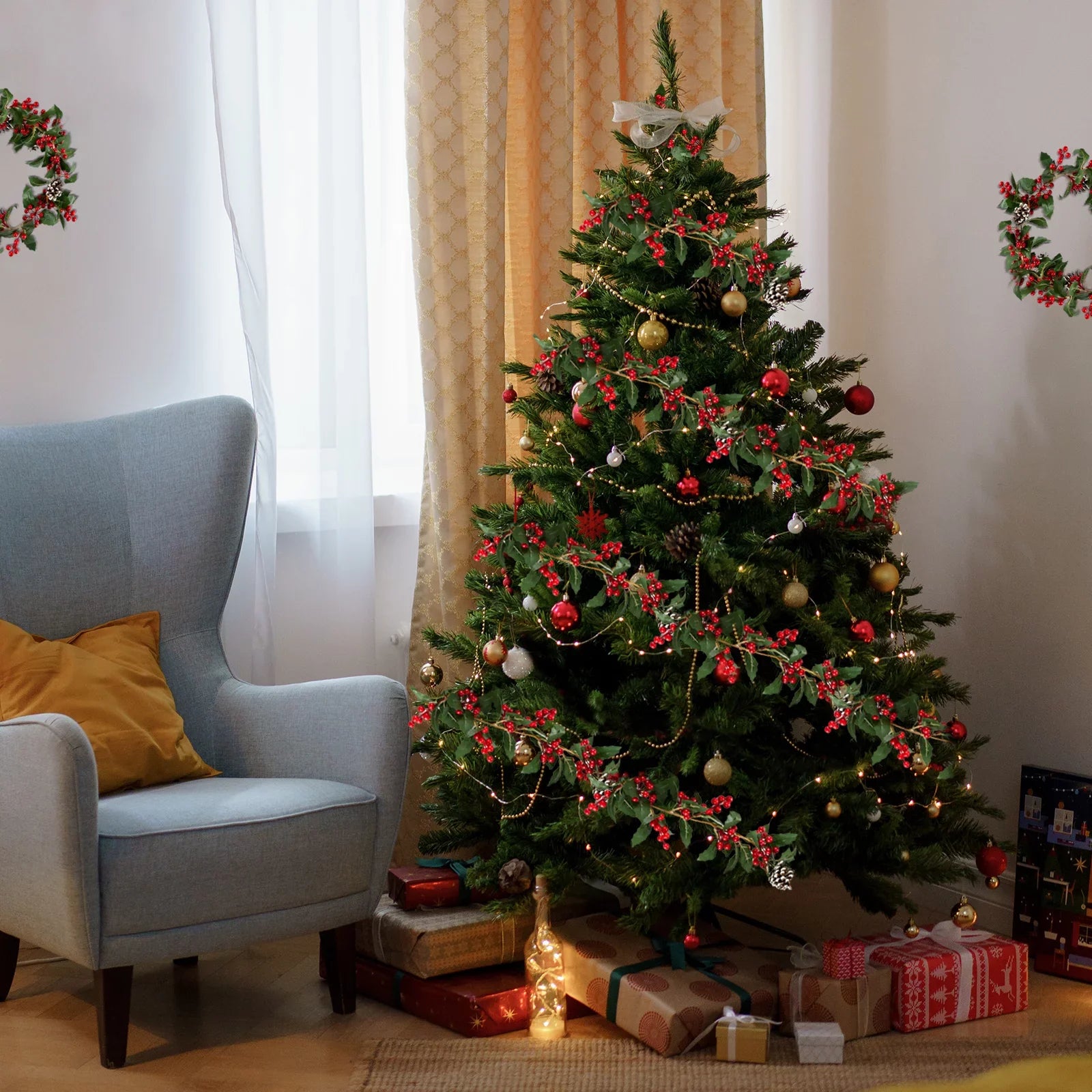 Blosmon Christmas Garland Decorations 2 Pcs 5.9Ft Artificial Red Berry Garland Christmas Leaves Pinecones Indoor Outdoor  for Fireplace Kitchen Door Party Holiday Decor