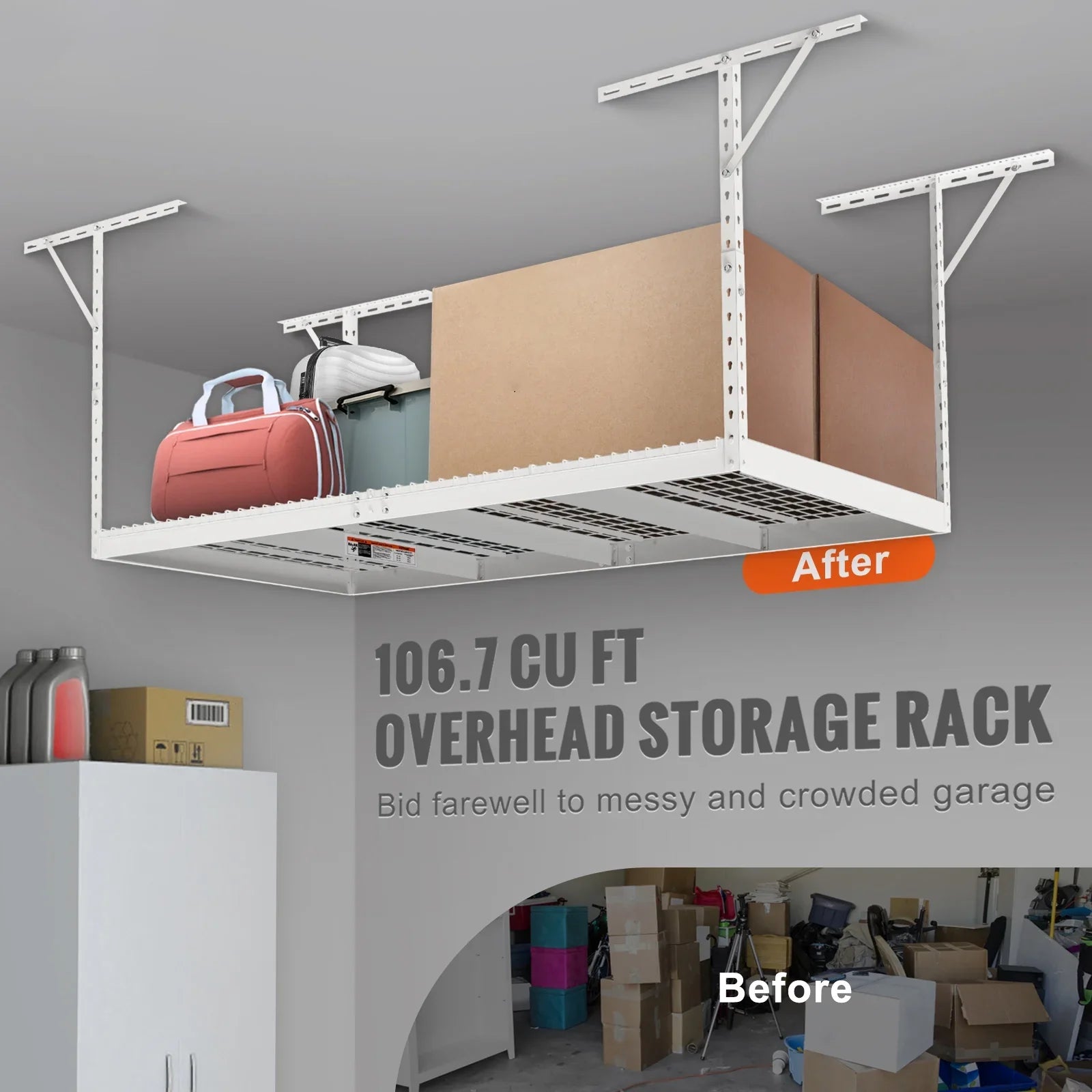 Overhead Adjustable Garage Storage Rack 48x96" Ceiling Rack 600 lbs White