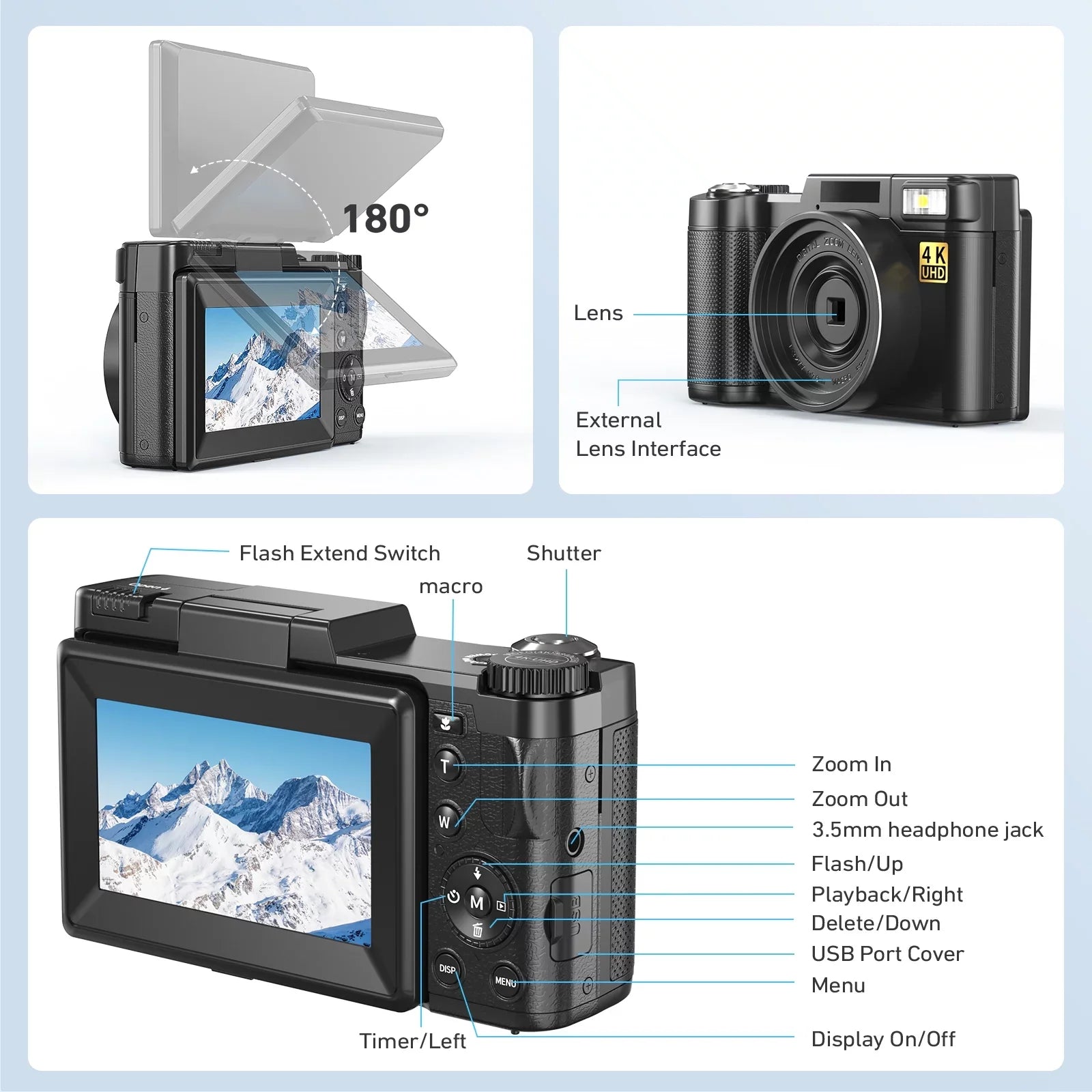 Digital Camera 4K Vlogging Camera for YouTube 48MP 16X Digital Zoom with Macro Function & Liftable Flash, Photography Camera 3’’ 180°Flip Screen