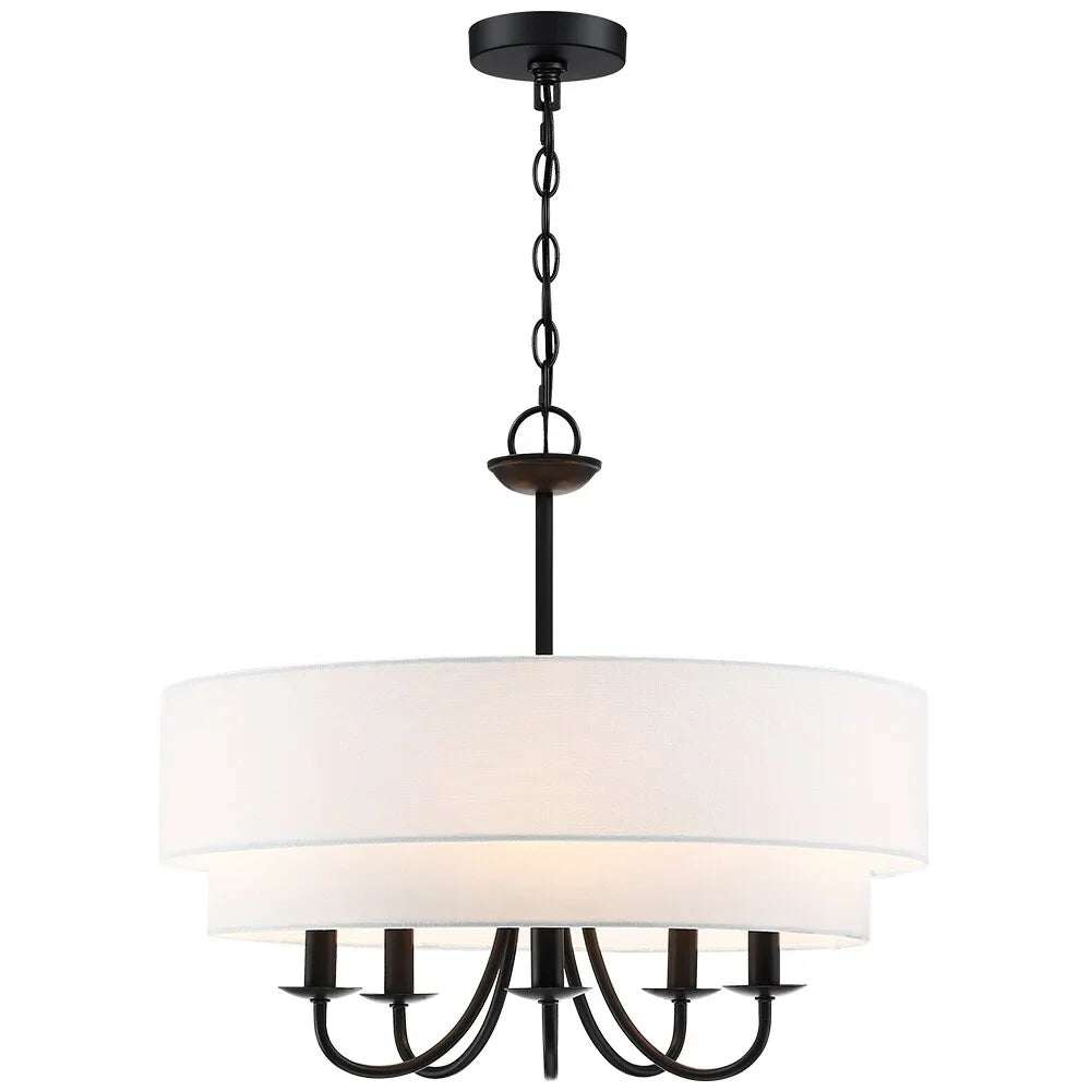 Martina 5-Light Black Chandelier Light with White Double Drum Shade - 21.5"