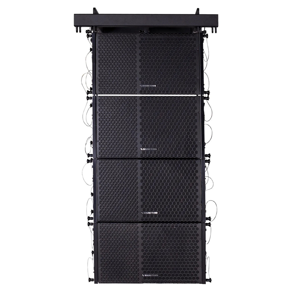 Sound Town  Series Line Array Speaker System with Four Compact Powered 1  10-inch Line Array Speakers, Black for Stages, Clubs, Bars, Restaurants, Churches and Schools