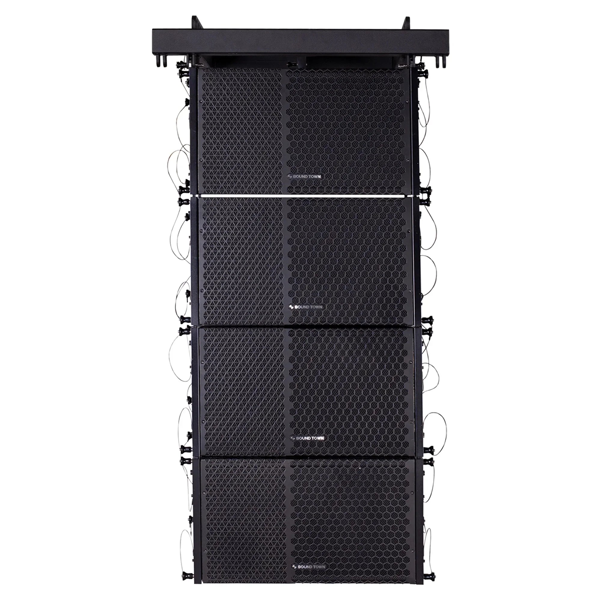 Sound Town  Series Line Array Speaker System with Four Compact Powered 1  10-inch Line Array Speakers, Black for Stages, Clubs, Bars, Restaurants, Churches and Schools