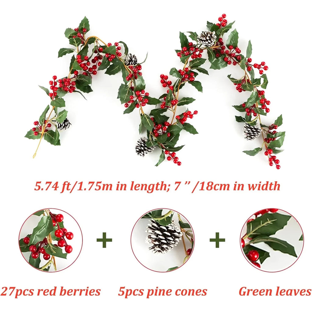 Blosmon Christmas Garland Decorations 2 Pcs 5.9Ft Artificial Red Berry Garland Christmas Leaves Pinecones Indoor Outdoor  for Fireplace Kitchen Door Party Holiday Decor