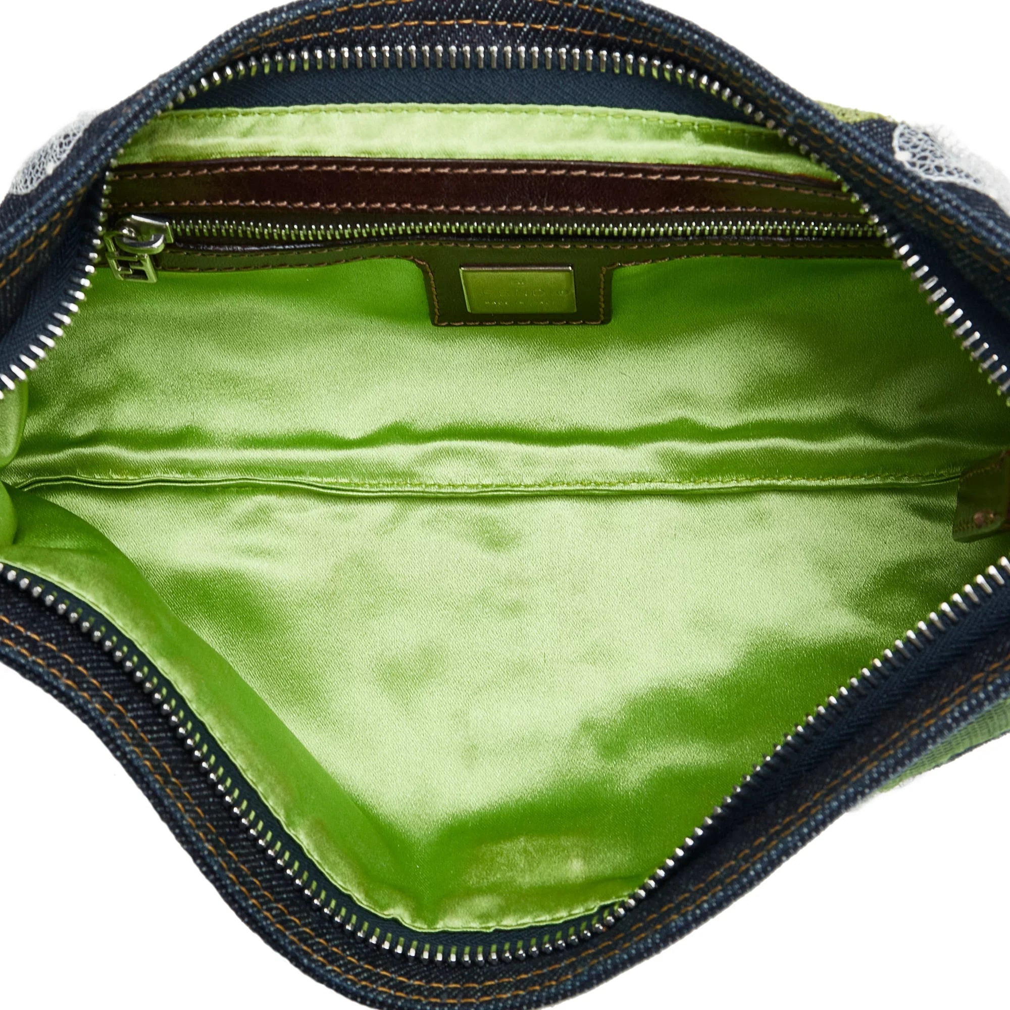Pre-Owned Authenticated Fendi Embroidered Baguette Denim Fabric Blue Crossbody Bag Unisex (Fair)