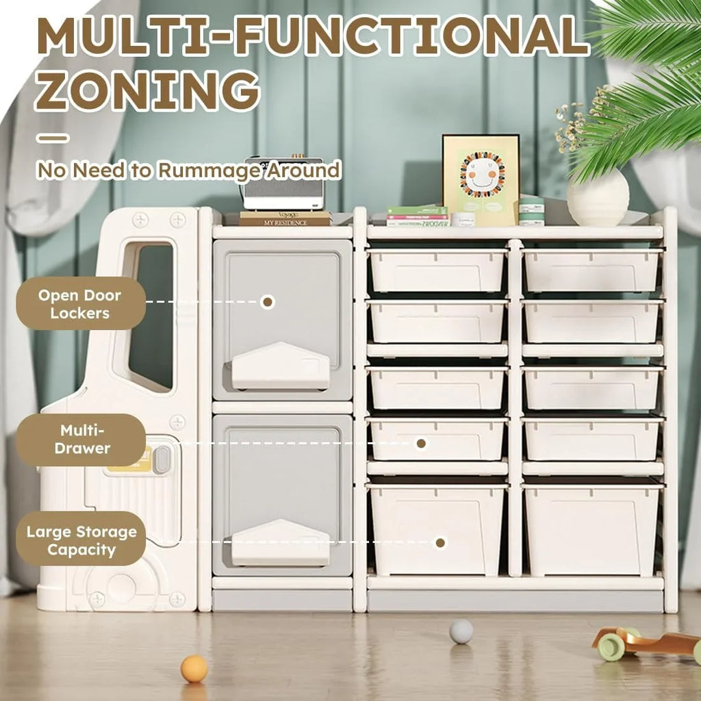 LLBIULife Toy Organizer  Multi-Functional Bookshelf and Toy Box  Closed Cabinet and Pull-Out Drawer for Playroom  Children's Bedroom and Nursery. (10 Organizer Boxes + 2 Organizer Cab