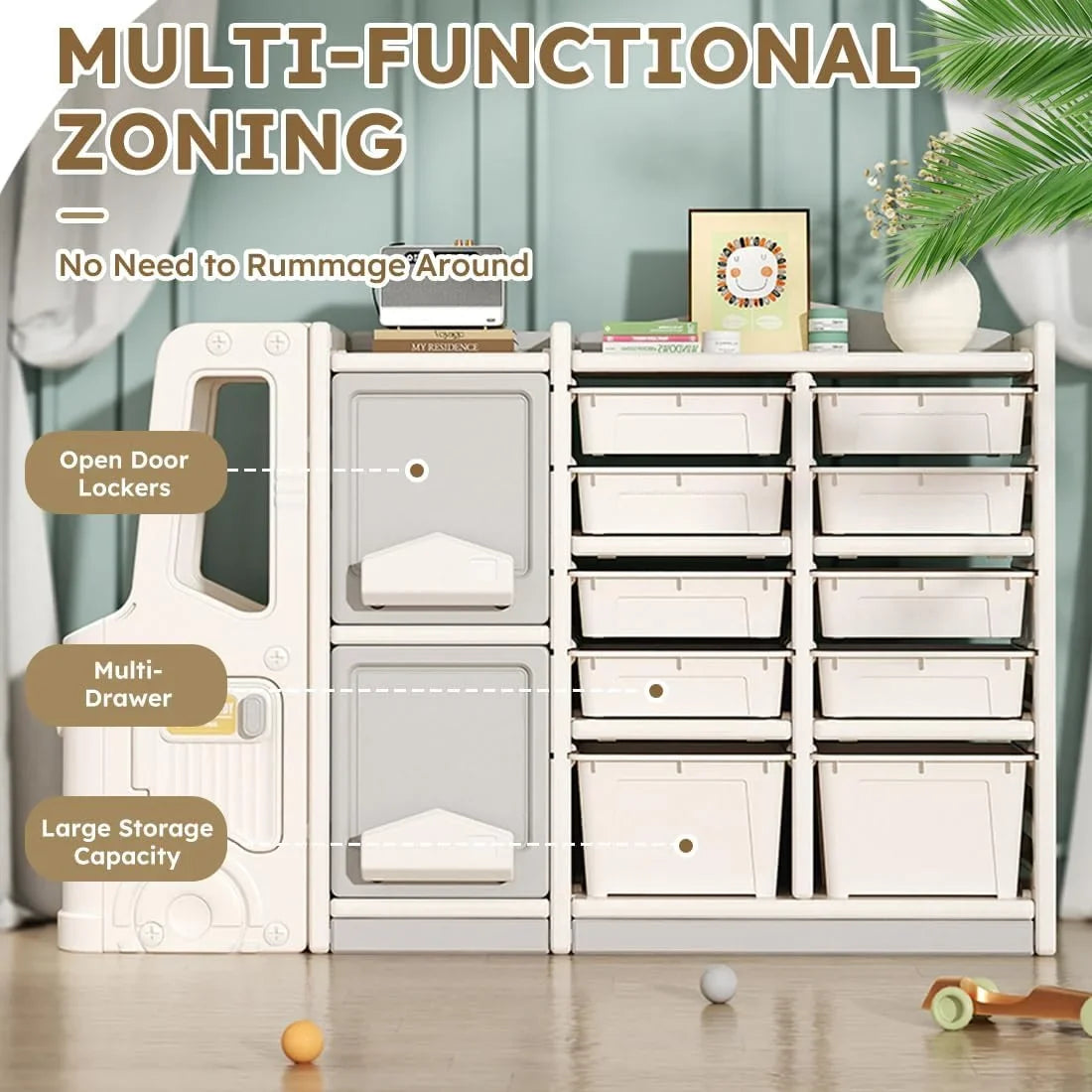 LLBIULife Toy Organizer  Multi-Functional Bookshelf and Toy Box  Closed Cabinet and Pull-Out Drawer for Playroom  Children's Bedroom and Nursery. (10 Organizer Boxes + 2 Organizer Cab