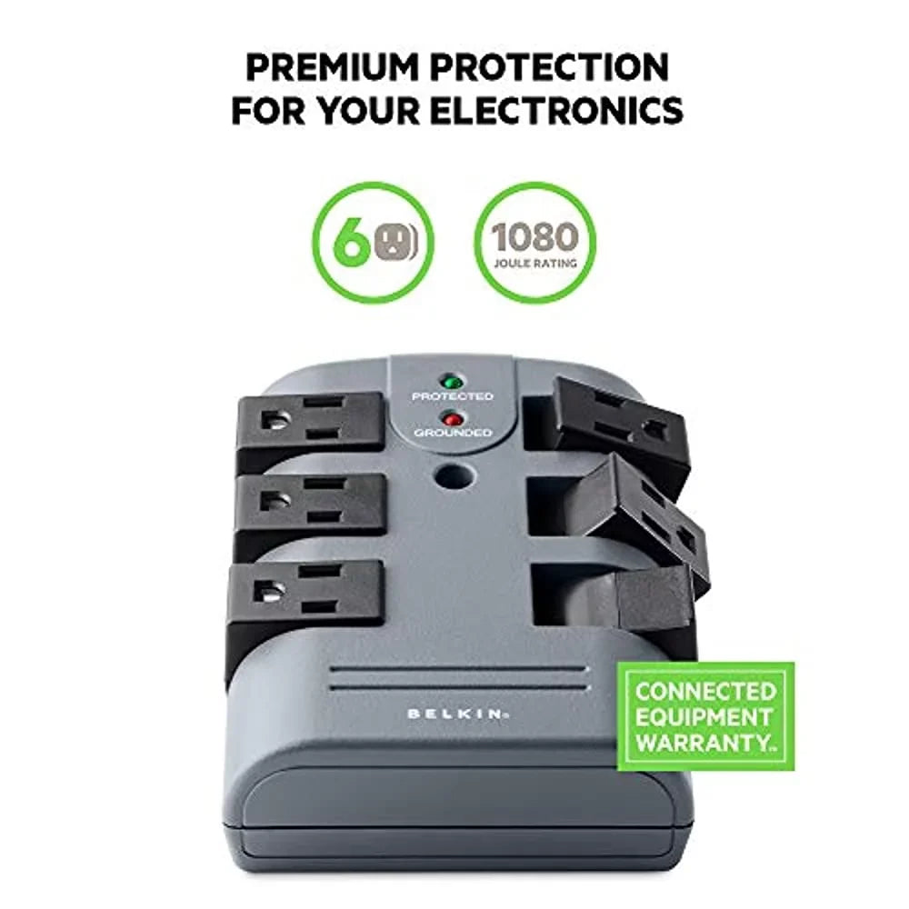 Pivot Plug Surge Protector 6 Outlets, 1080 Joules, Gray