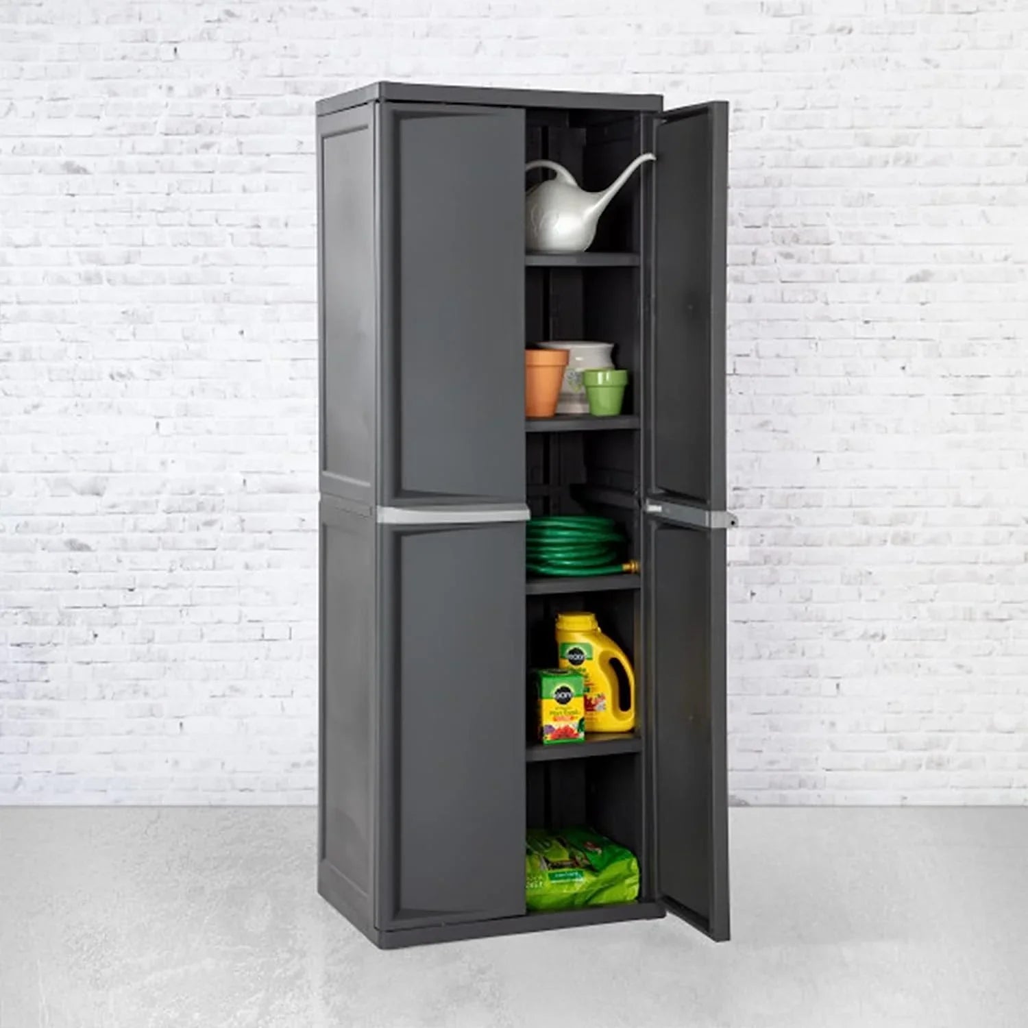 4 Shelf Cabinet, Heavy Duty and Easy to Assemble Plastic Storage Unit, Organize Bins in the Garage, Basement, Attic, Mudroom, Gray, 1-Pack