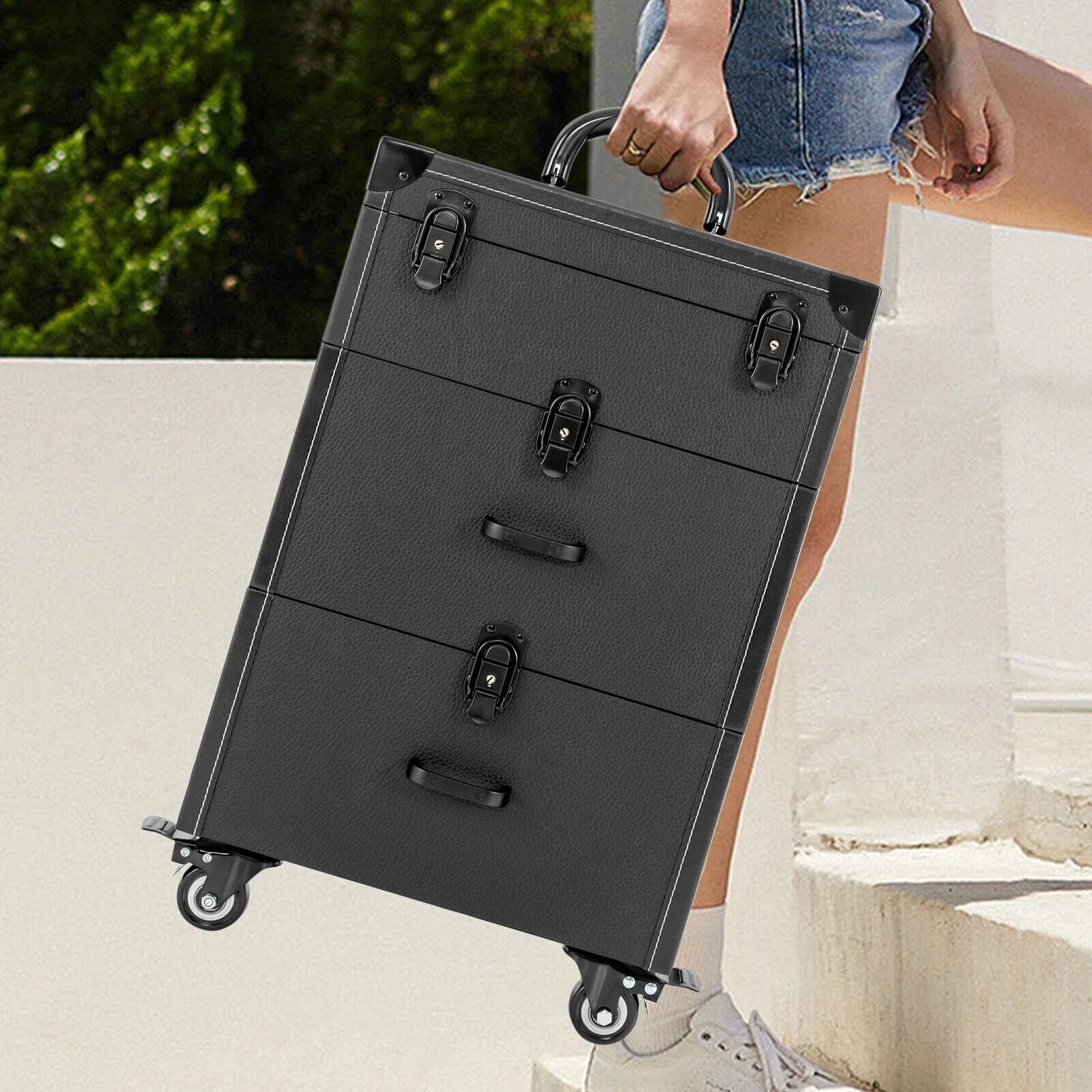 Miumaeov Rolling Makeup Train Case Professional Cosmetic Trolley Storage Luggage Box Nail Polish Organizer
