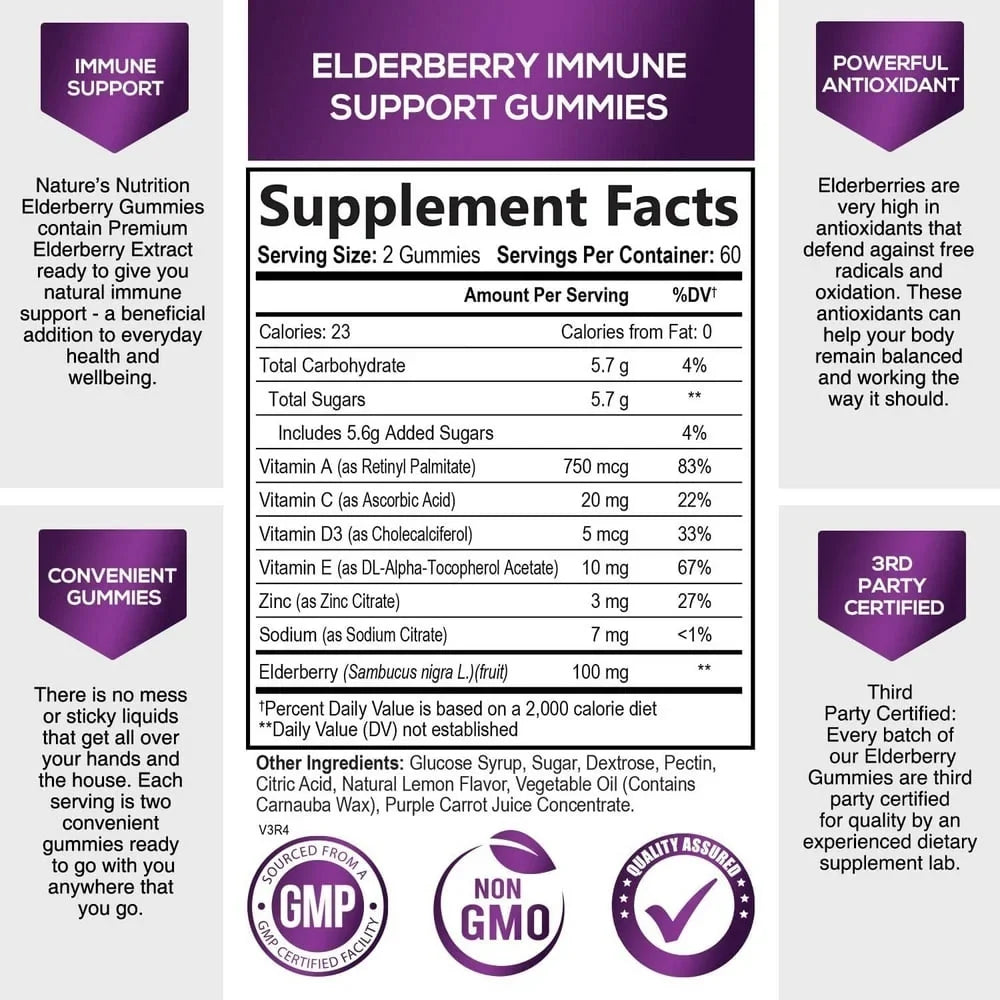 Nature's Sambucus Elderberry Gummies Immune Gummies with Vitamin  and Zinc, Immune Support Gummy Vitamin Supplement, Black Elderberry for Adults & Kids - Gluten Free Non- - 120 Gummies