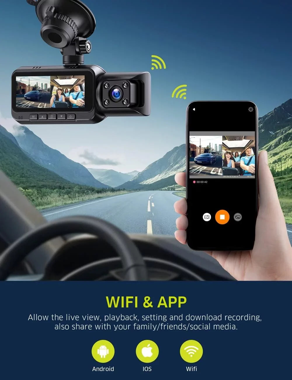 4K WiFi  Dash Cam,  Night Vision Dash Camera Front and Inside Car Camera with 64GB Card