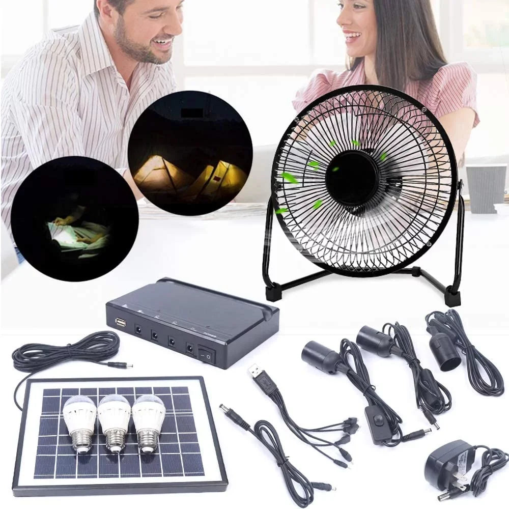 Miumaeov 8 Inch Solar Powered Fan, Portable Solar Powered Panel+Fan+3x1W 12V Bulbs with Adapter for Ventilation Caravan Camping Home Office Outdoor Traveling Fishing