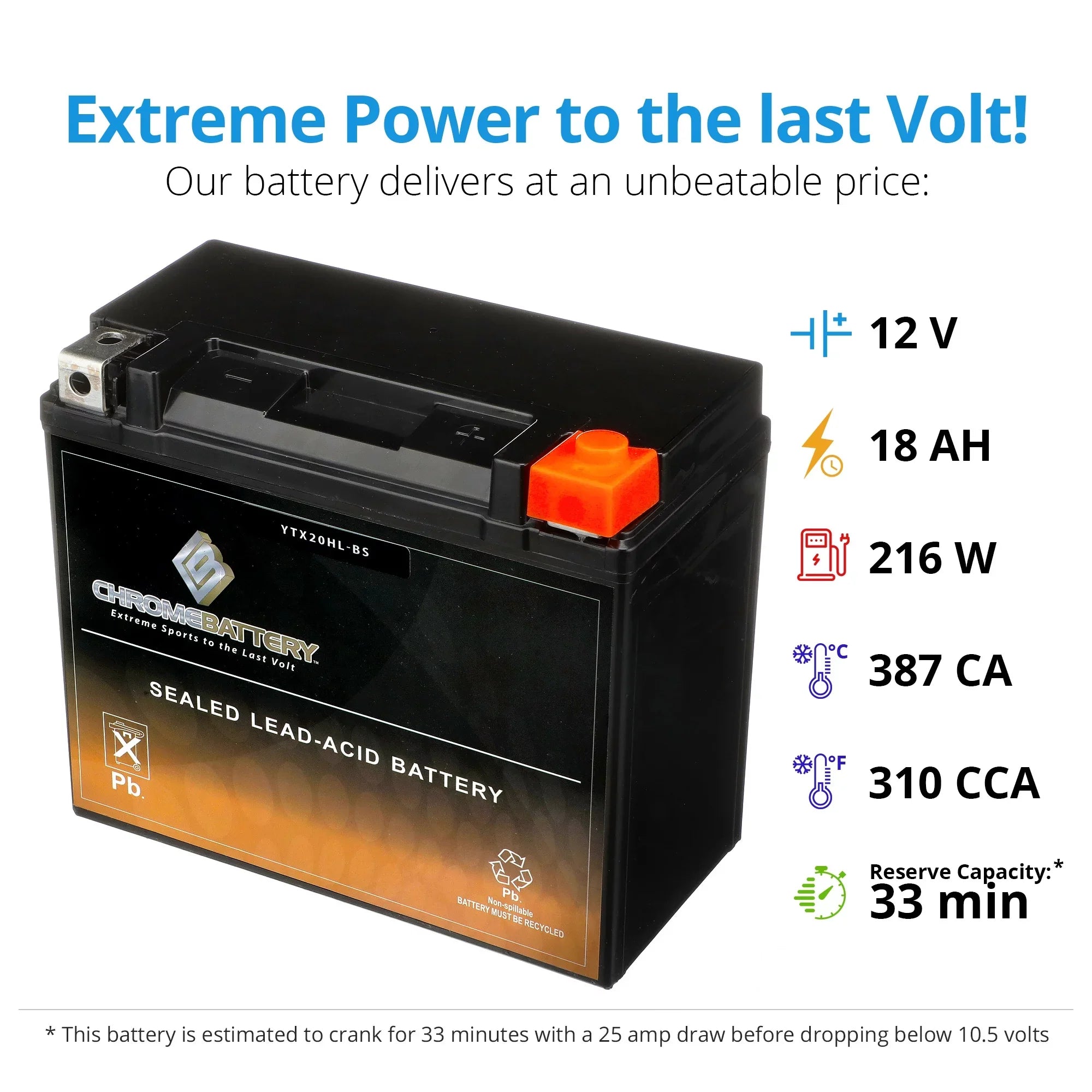 Chrome Battery - (20HL- 12 Volt,18 Ah, 310 ) Jet Ski Battery for Kawasaki Js550 550cc 1983