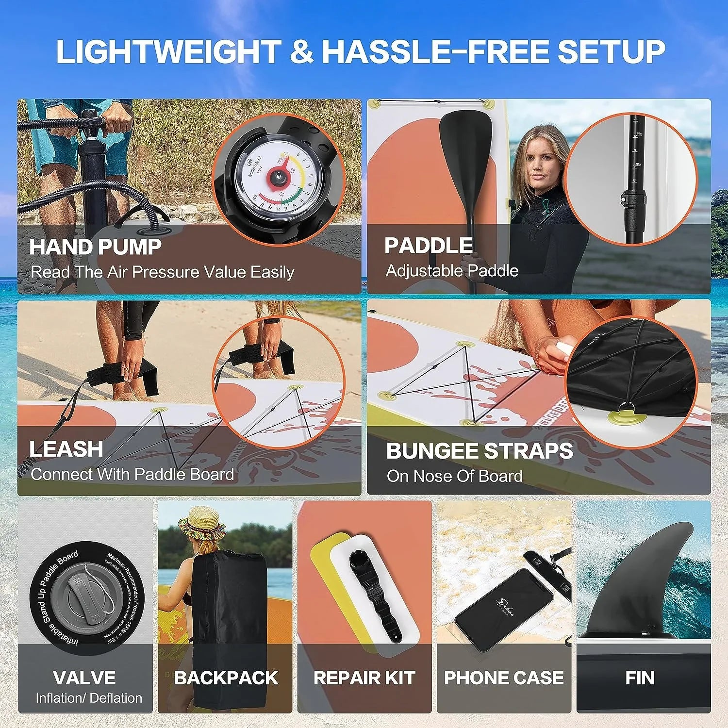 Inflatable Stand Up Paddle Board Simple Deluxe Premium  for All Skill Levels, Orange for Adults & Youth, Blow Up with Accessories & Backpack, Surf Control