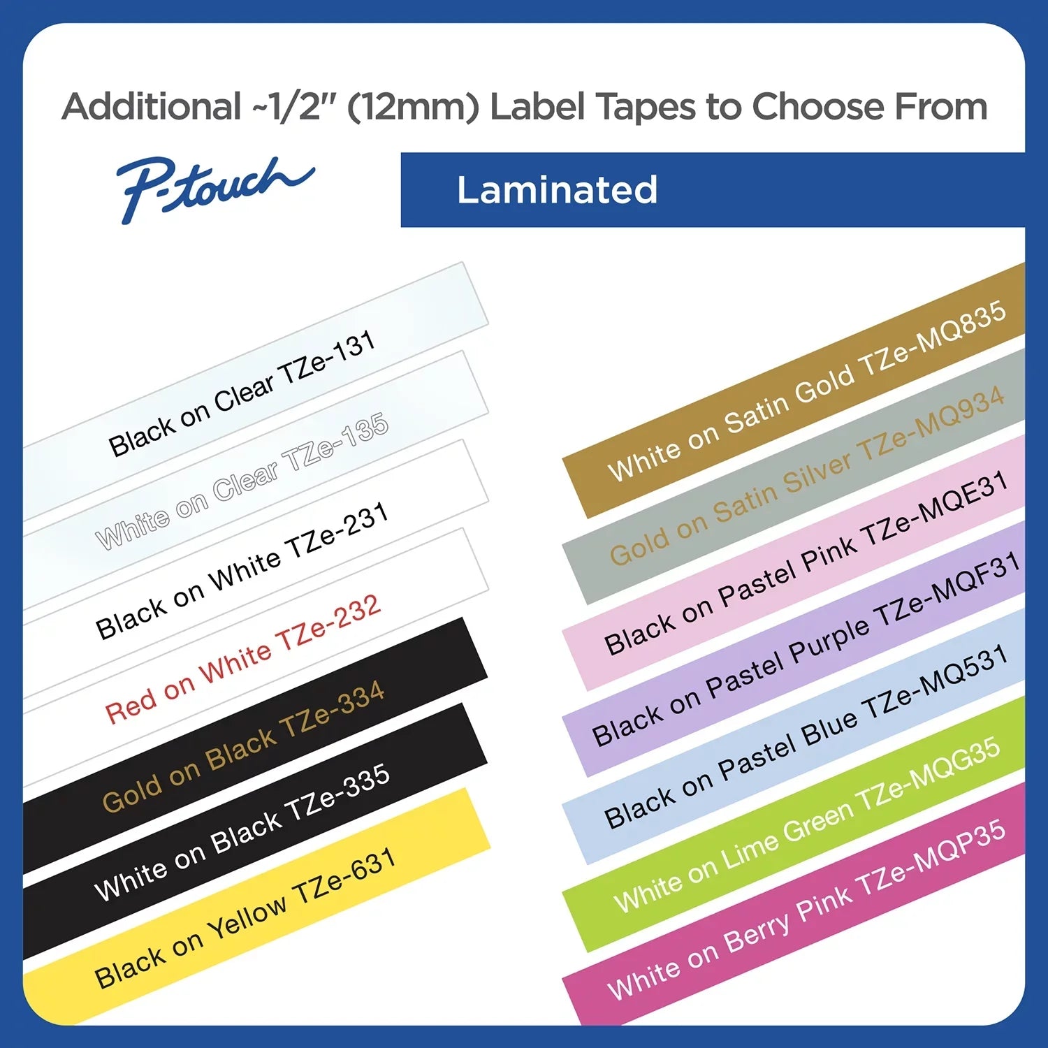 Brother -touch Tze Standard Adhesive Laminated Labeling Tapes, 1/2"w, Black on White, 2/Pack
