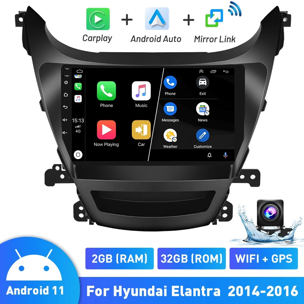 Podofo 2+32G for Hyundai Elantra 2014-2016 Wireless Carplay Android Auto Mirror Link 9'' Touchscreen Car Stereo Radio Android 11 System   Hifi  Bluetooth Usb,  Backup Camera