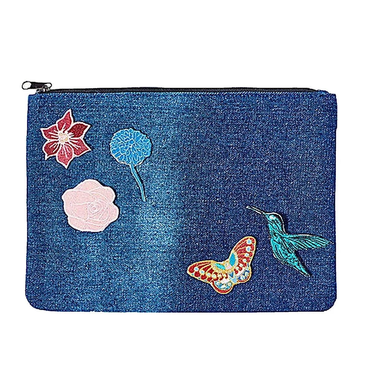 Steve Madden -Bird Patches Zip Cosmetic Case Travel Pouch, Fab Denim