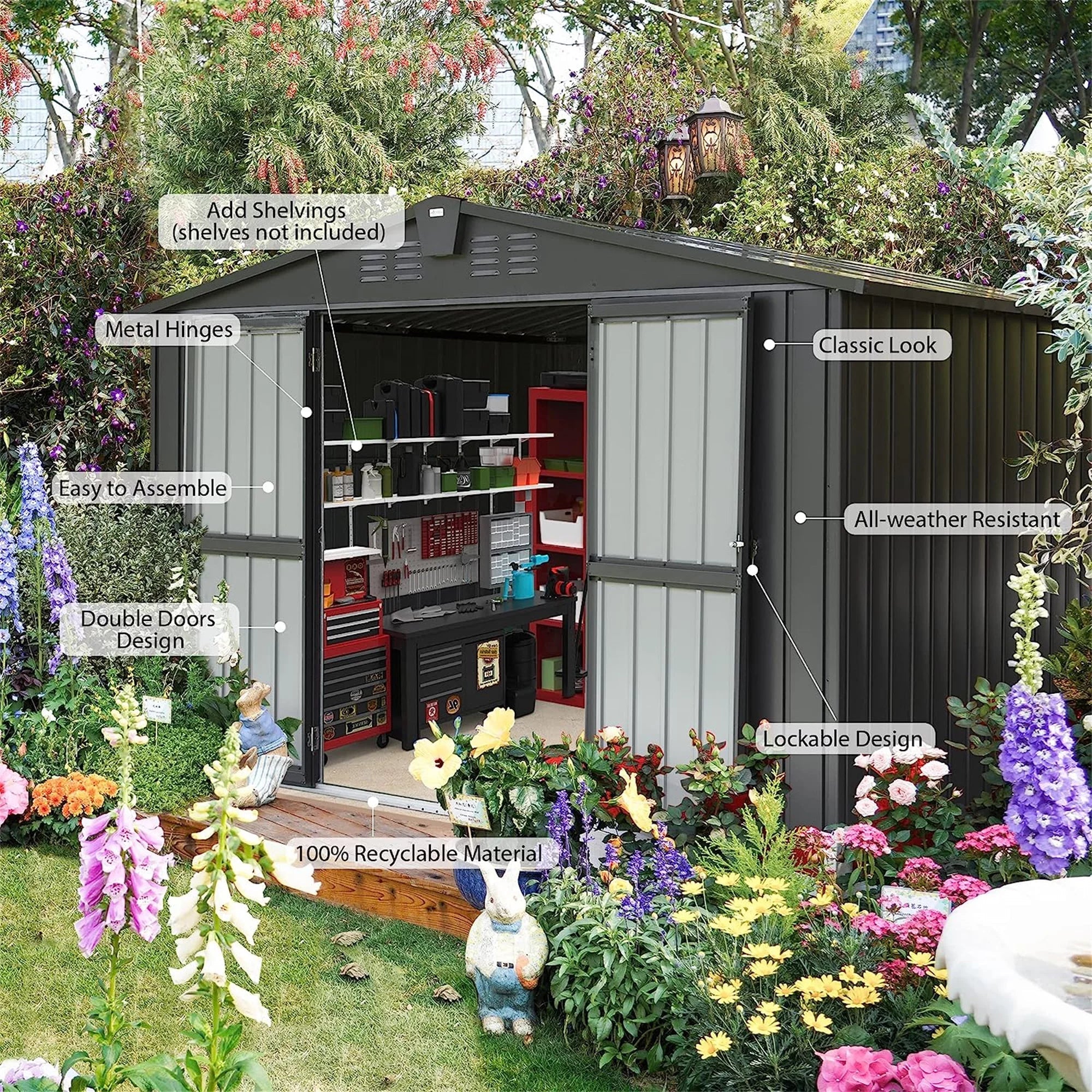 Capri Outdoor Storage Shed 10'x 8', Metal Garden Shed for Bike, Trash Can, Tools, Galvanized Steel Outdoor Storage Cabinet with Lockable Door for Backyard, Patio, Lawn, Black