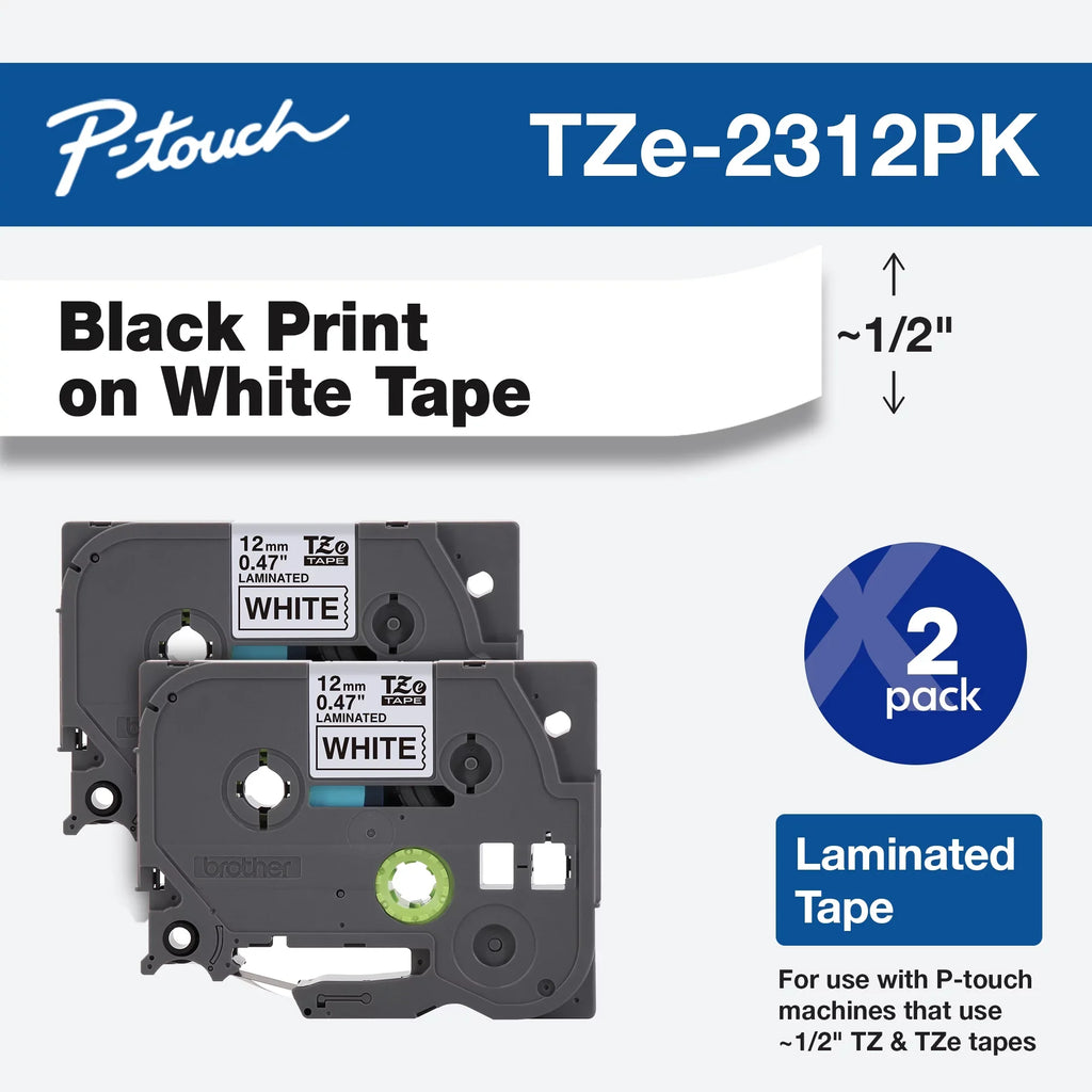 Brother -touch Tze Standard Adhesive Laminated Labeling Tapes, 1/2"w, Black on White, 2/Pack