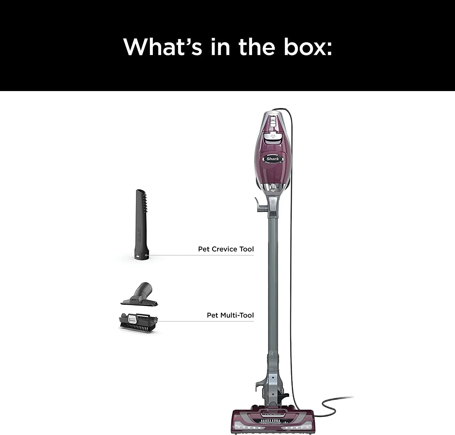 Rocket Pet Plus Corded Stick Vacuum with  Headlights,  Dust Cup, Lightweight, Perfect for Pet Hair Pickup, Converts to a Hand Vacuum, with (2) Pet Attachments, Bordeaux/Silver