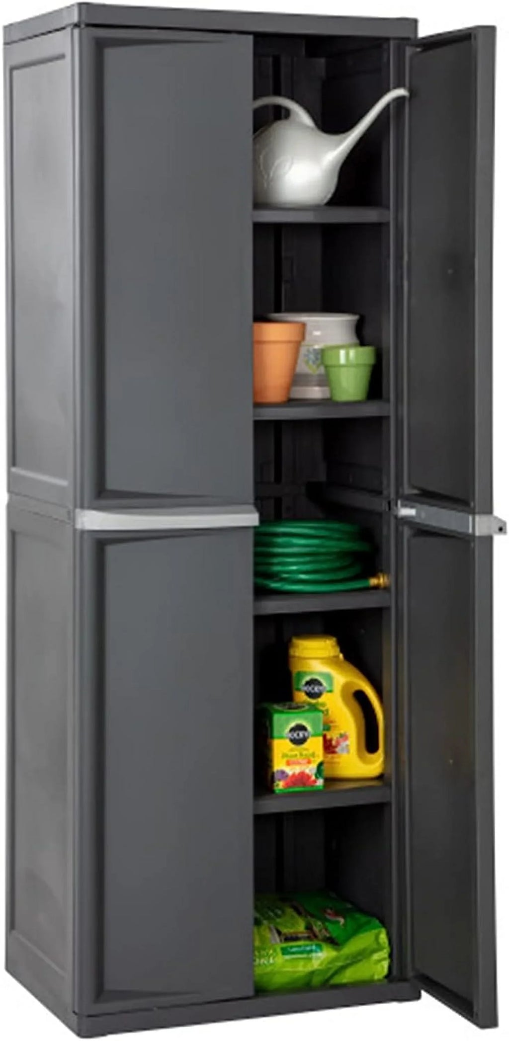 4 Shelf Cabinet, Heavy Duty and Easy to Assemble Plastic Storage Unit, Organize Bins in the Garage, Basement, Attic, Mudroom, Gray, 1-Pack
