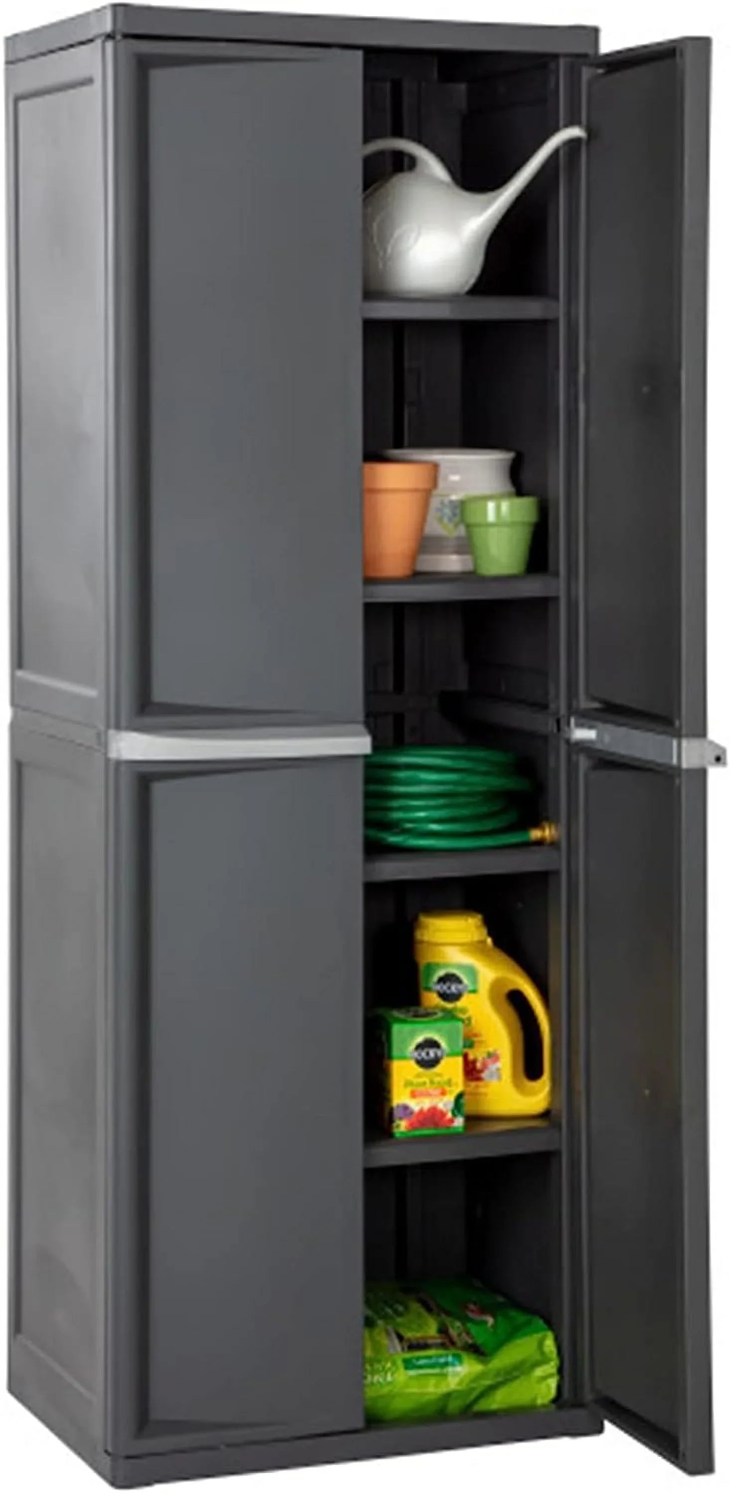 4 Shelf Cabinet, Heavy Duty and Easy to Assemble Plastic Storage Unit, Organize Bins in the Garage, Basement, Attic, Mudroom, Gray, 1-Pack