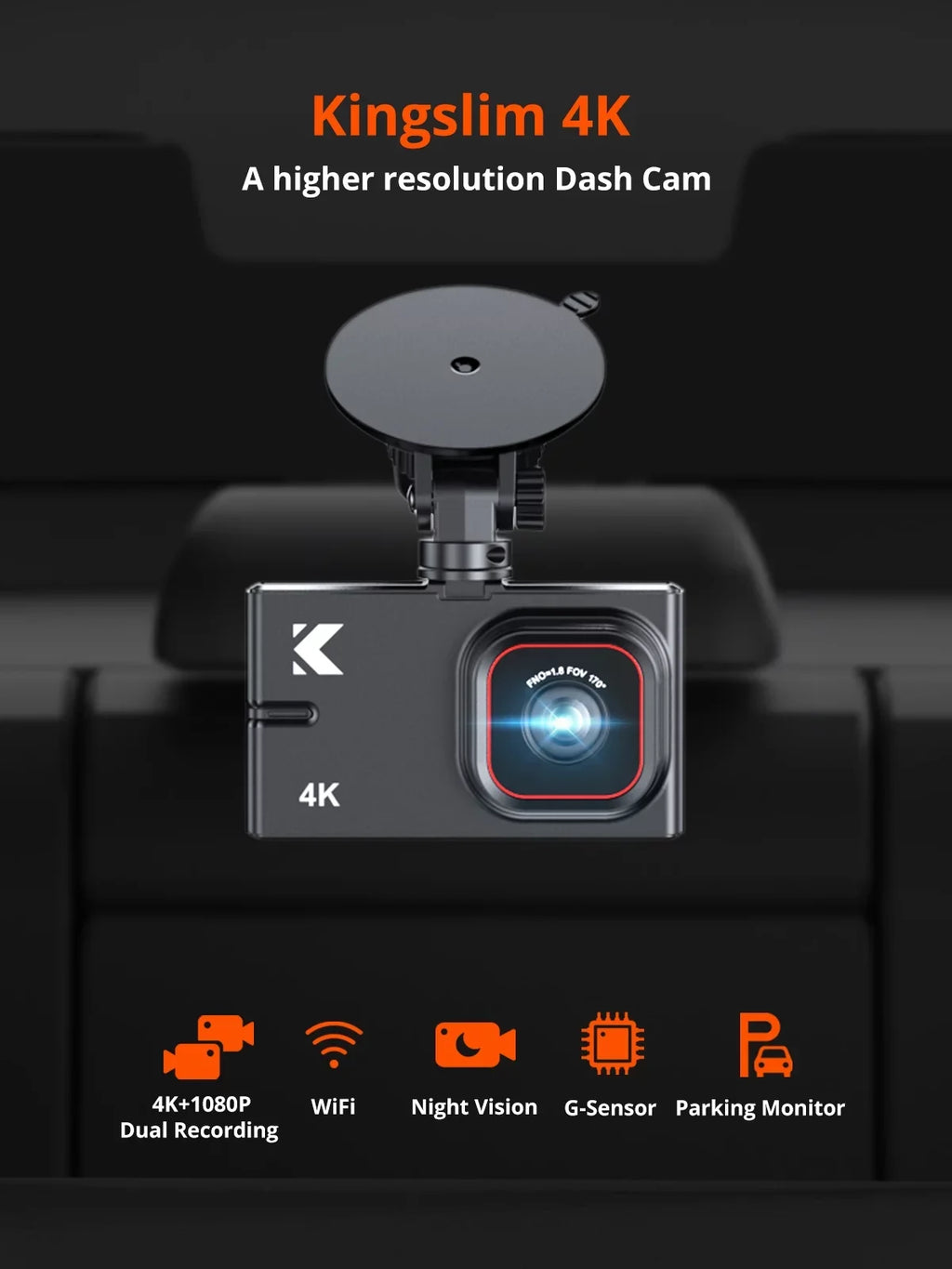 4K Dash Cam Front and Rear with WiFi - Kingslim  Pro 4K Front and 1080P Rear Dual Dash Cam for Cars, Car Dashboard Camera with Night Vision and Parking Monitor, 256GB Supported[Upgraded Version]