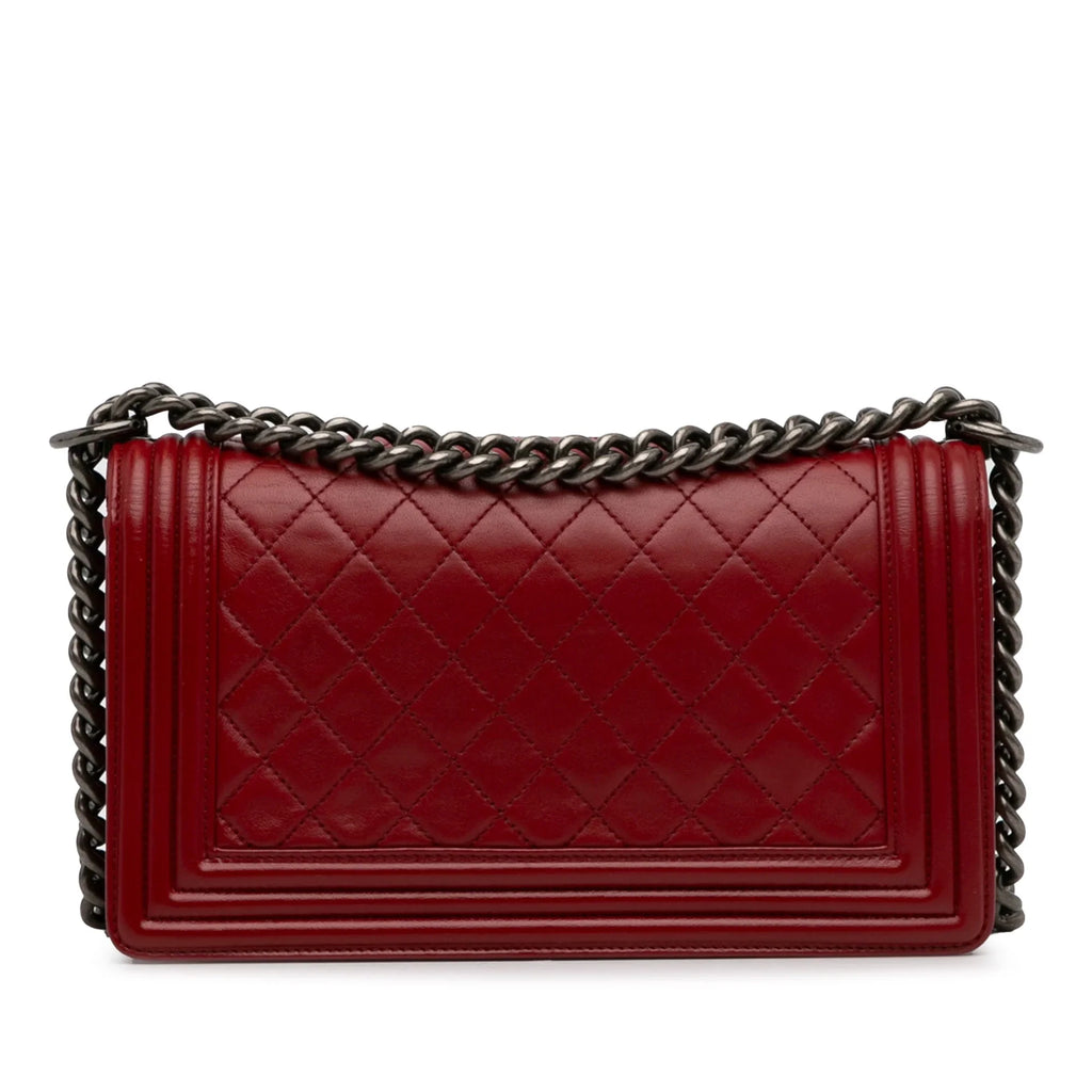 Pre-Owned Authenticated Chanel Medium Lambskin Boy Flap Bag Leather Red Crossbody Bag Unisex (Good)