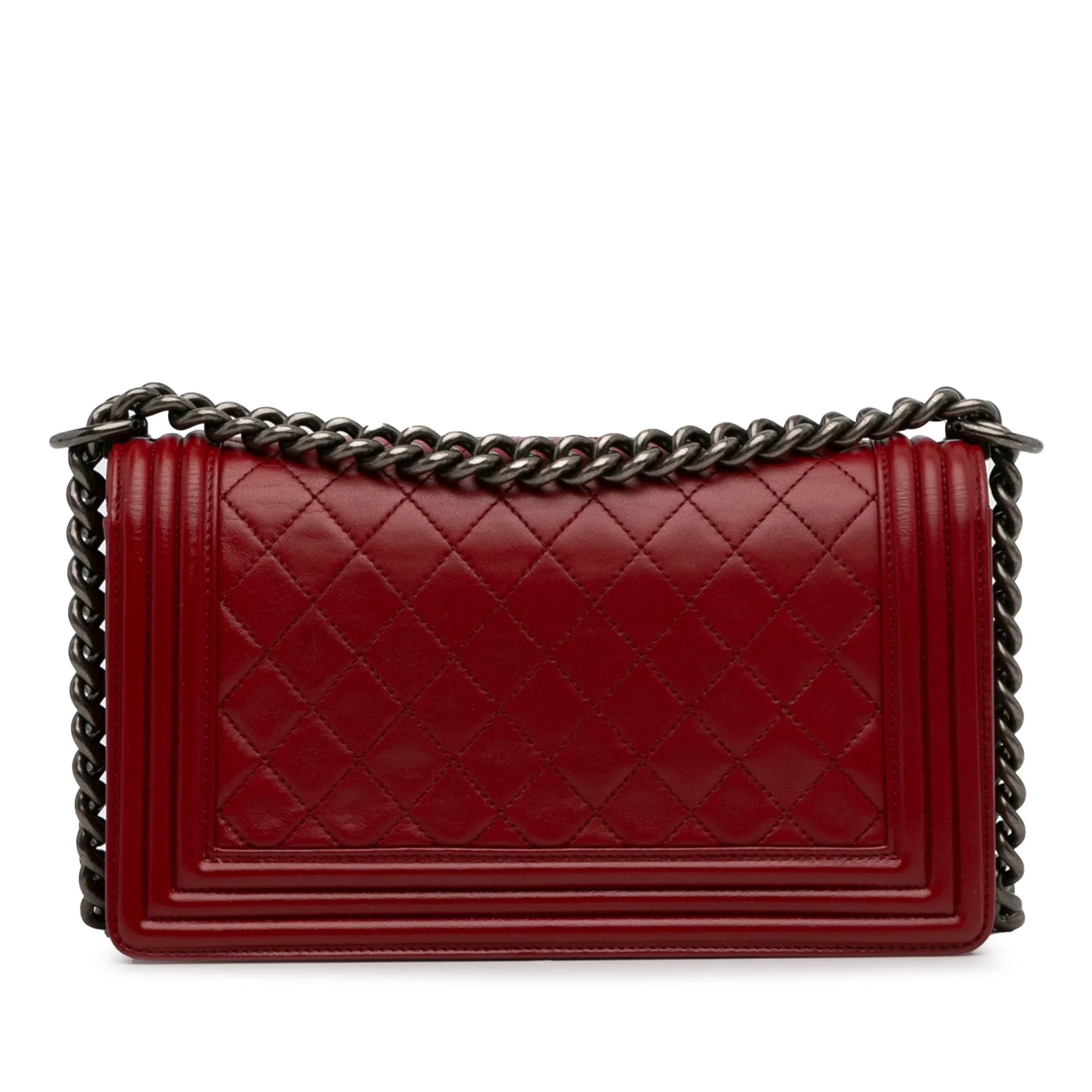 Pre-Owned Authenticated Chanel Medium Lambskin Boy Flap Bag Leather Red Crossbody Bag Unisex (Good)