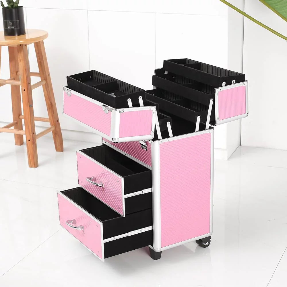 Ktaxon 3 in 1 Pro Rolling Aluminum Makeup Case, Lockable Cosmetic Train Box Storage Trolley, Pink